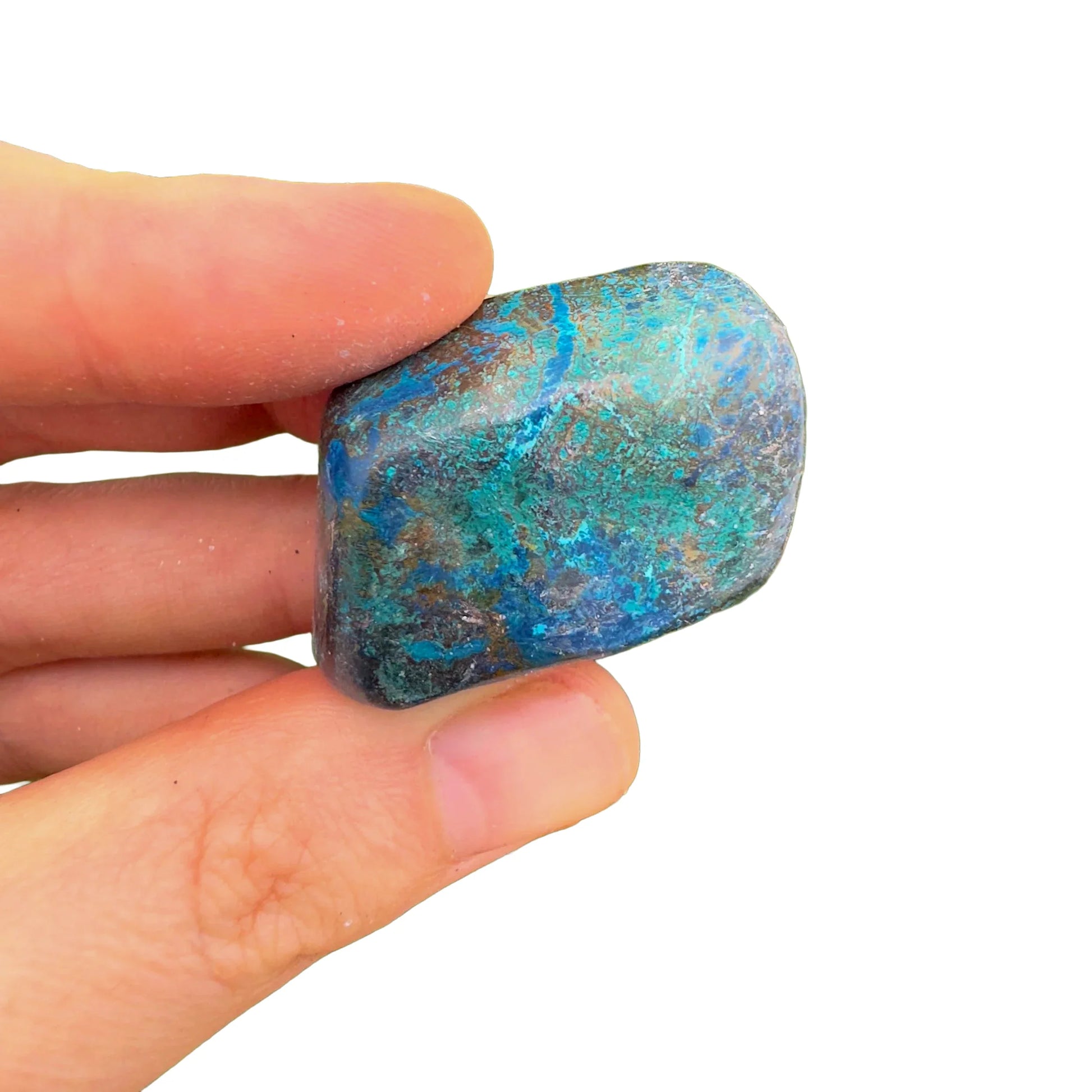 Full profile of Grade AA Azurite tumbled stone ready to ship from Beyond Bohemian