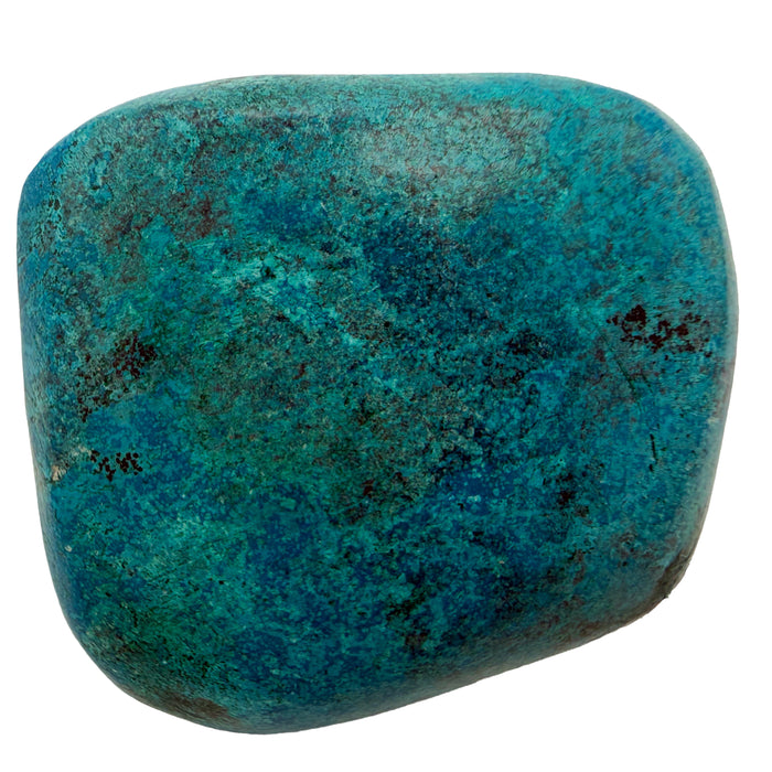 Azurite Hand Polished Stones, AA Grade, Namibia: one polished stone on a white background, bright blue to teal with a few dark flecks