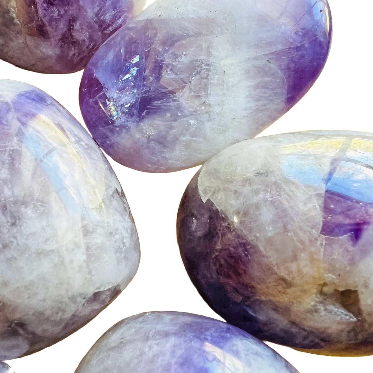 Back view of Grade A Banded Amethyst palm stone showing natural surface