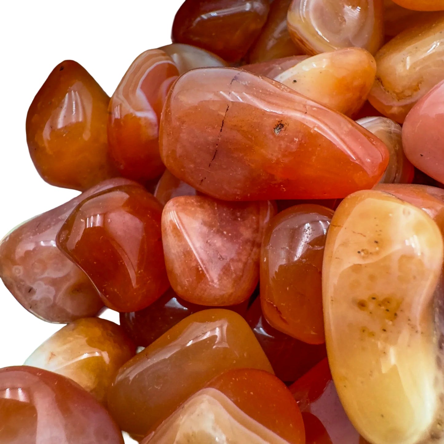 Hand-scale shot of a single Carnelian tumbled stone hand-selected from Francistown, Botswana.