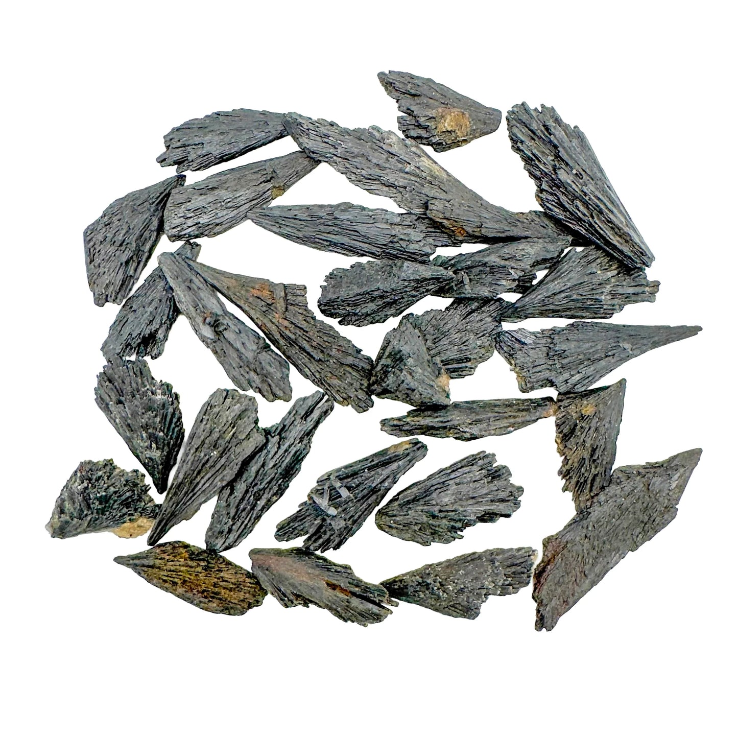 Texture-level view of Black Kyanite raw stone, showing open form, from Brazil.