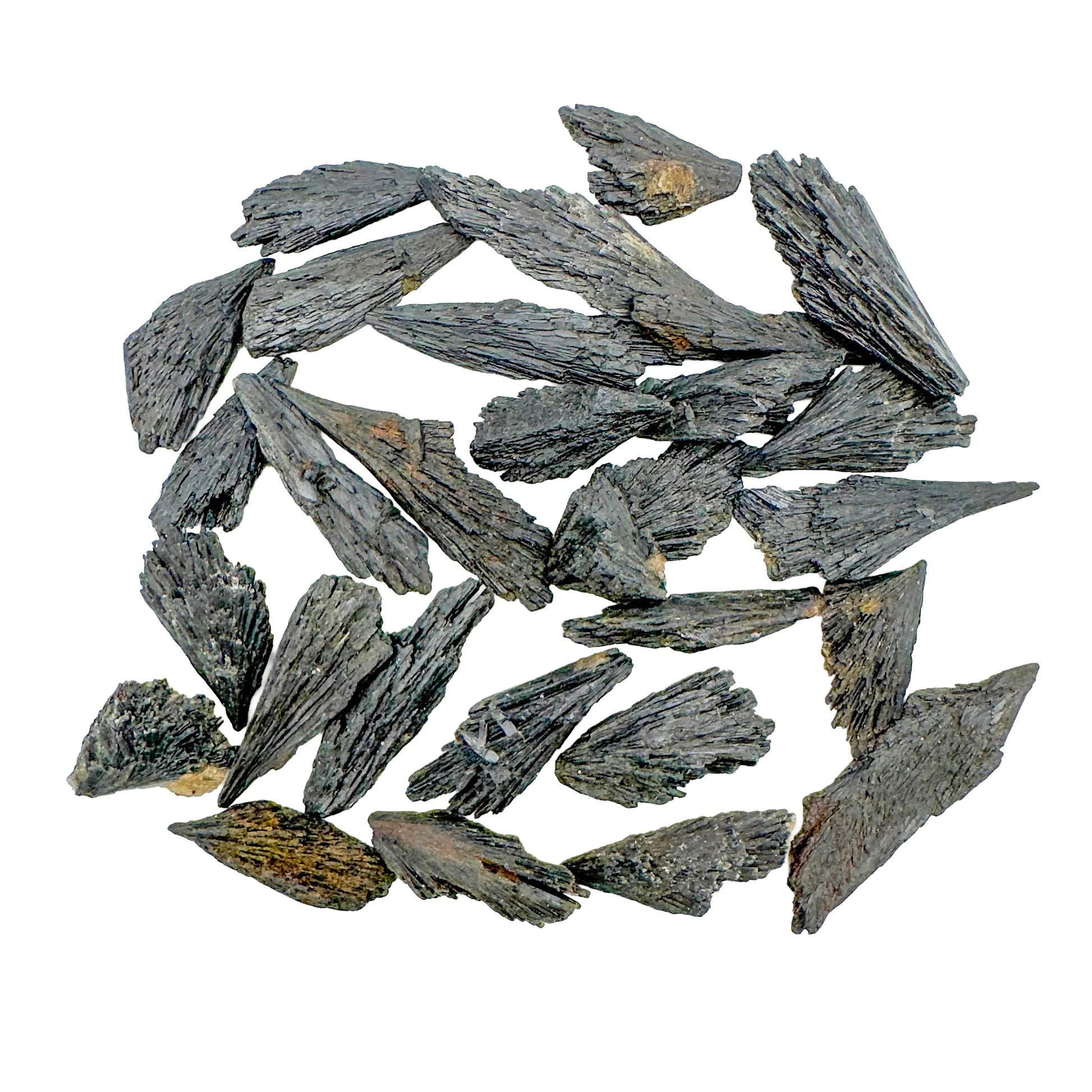 Texture-level view of Black Kyanite raw stone, showing open form, from Brazil.