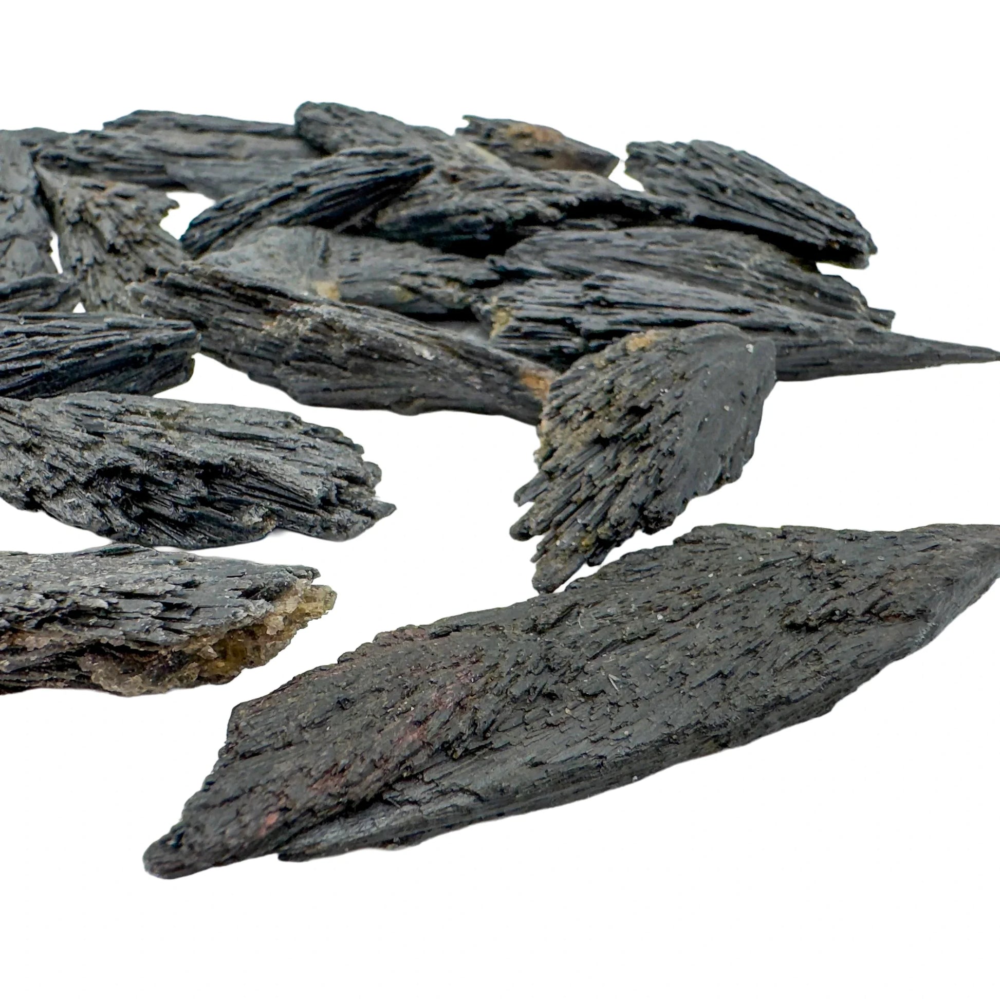 Plan view of Grade A Black Kyanite raw stone, hand-selected from Minas Gerais, Brazil, for Protection.