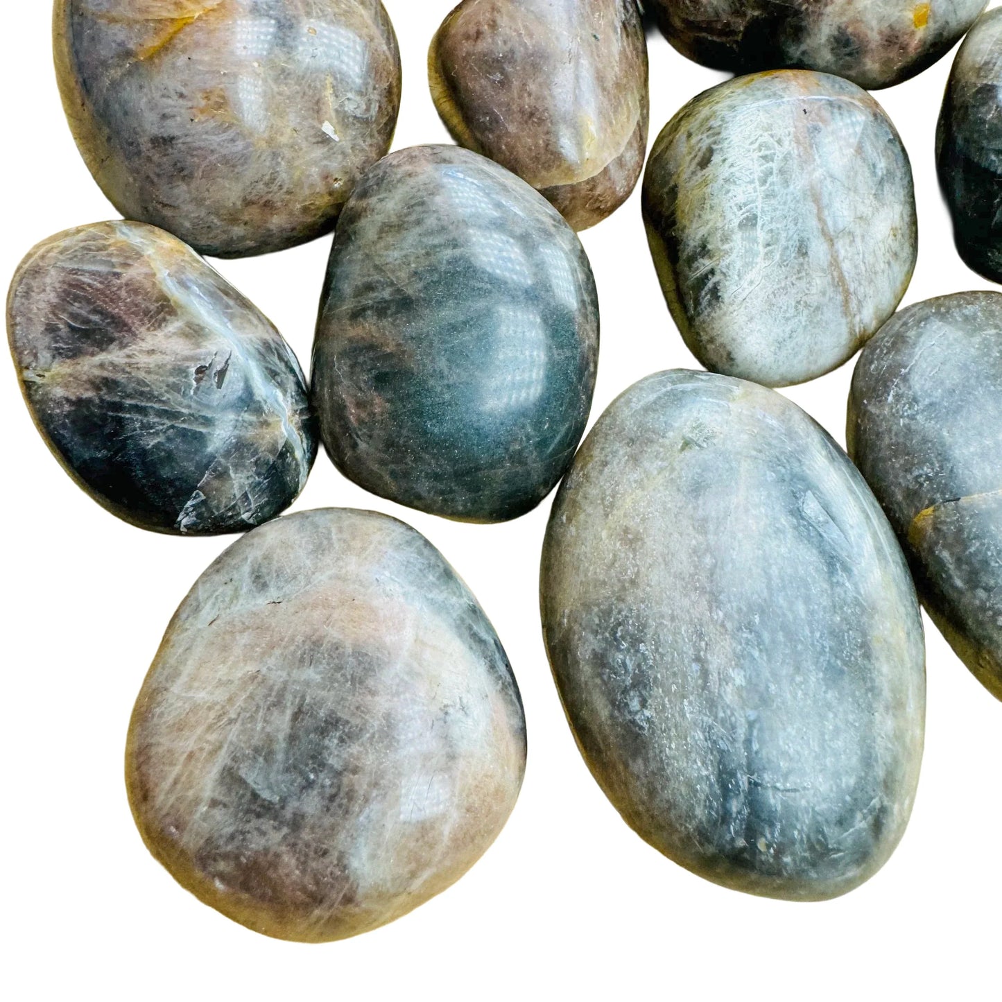 Alternate side of Grade AA Black Moonstone tumbled stone, showing color depth.