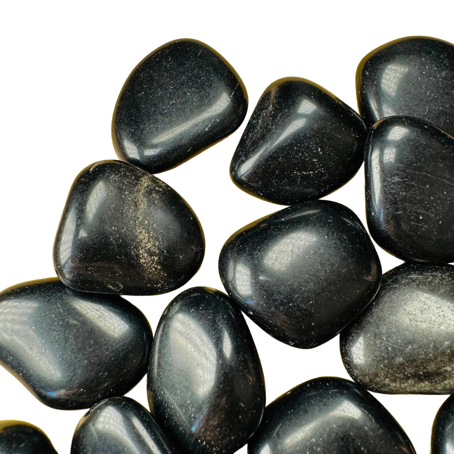 Aerial view of Grade AA Black Obsidian tumbled stone, for Protection and Grounding, sourced from Argentina.