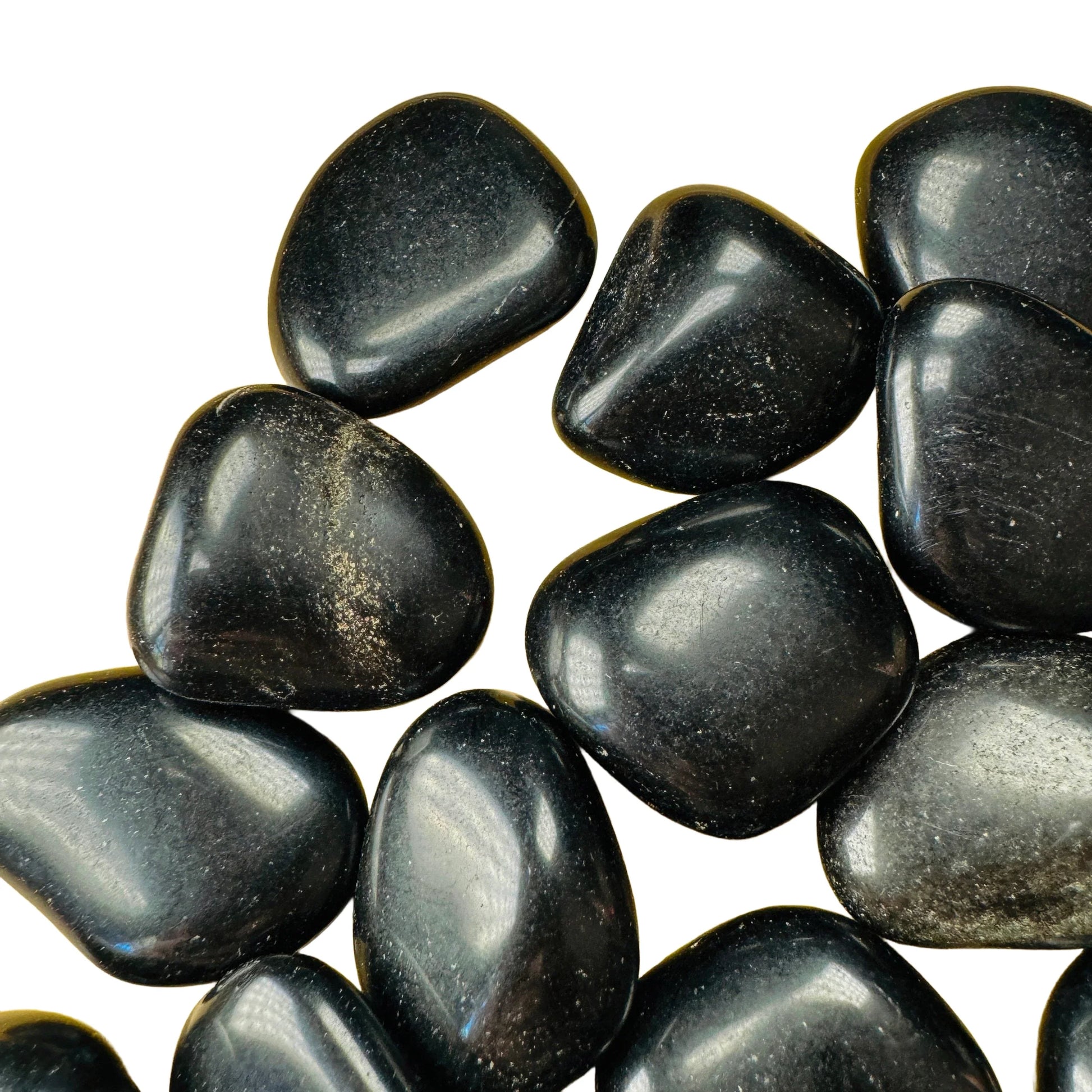 Aerial view of Grade AA Black Obsidian tumbled stone, for Protection and Grounding, sourced from Argentina.