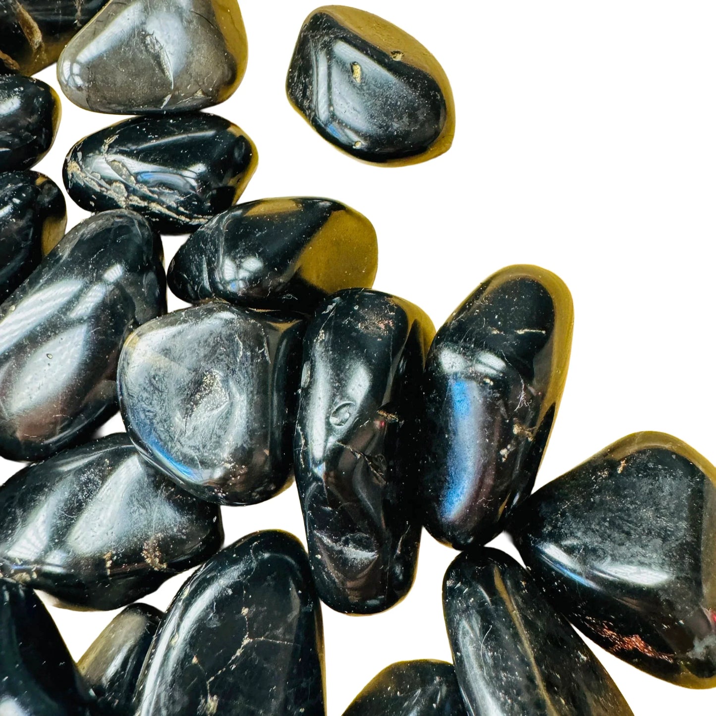 Side-on view of Black Onyx tumbled stone, kept near for Protection, Brazil-sourced.