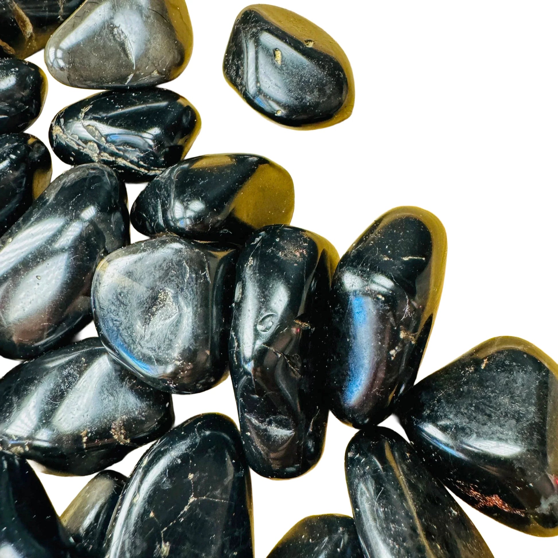 Side-on view of Black Onyx tumbled stone, kept near for Protection, Brazil-sourced.