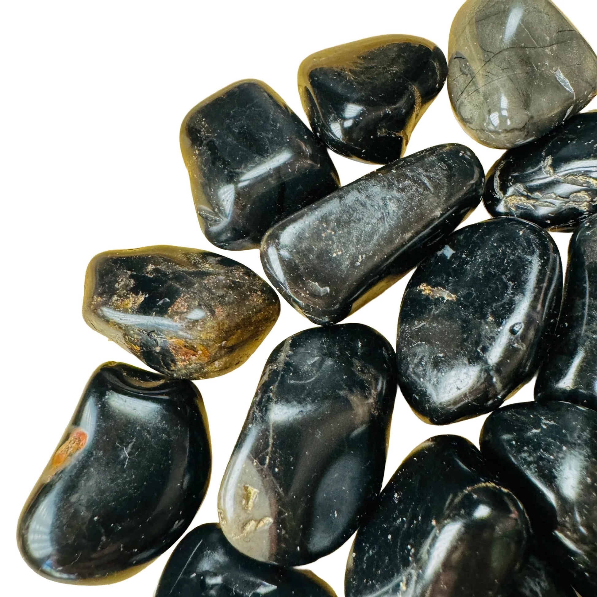 Plan view of Black Onyx tumbled stone, carried for Protection, showing translucent edges.