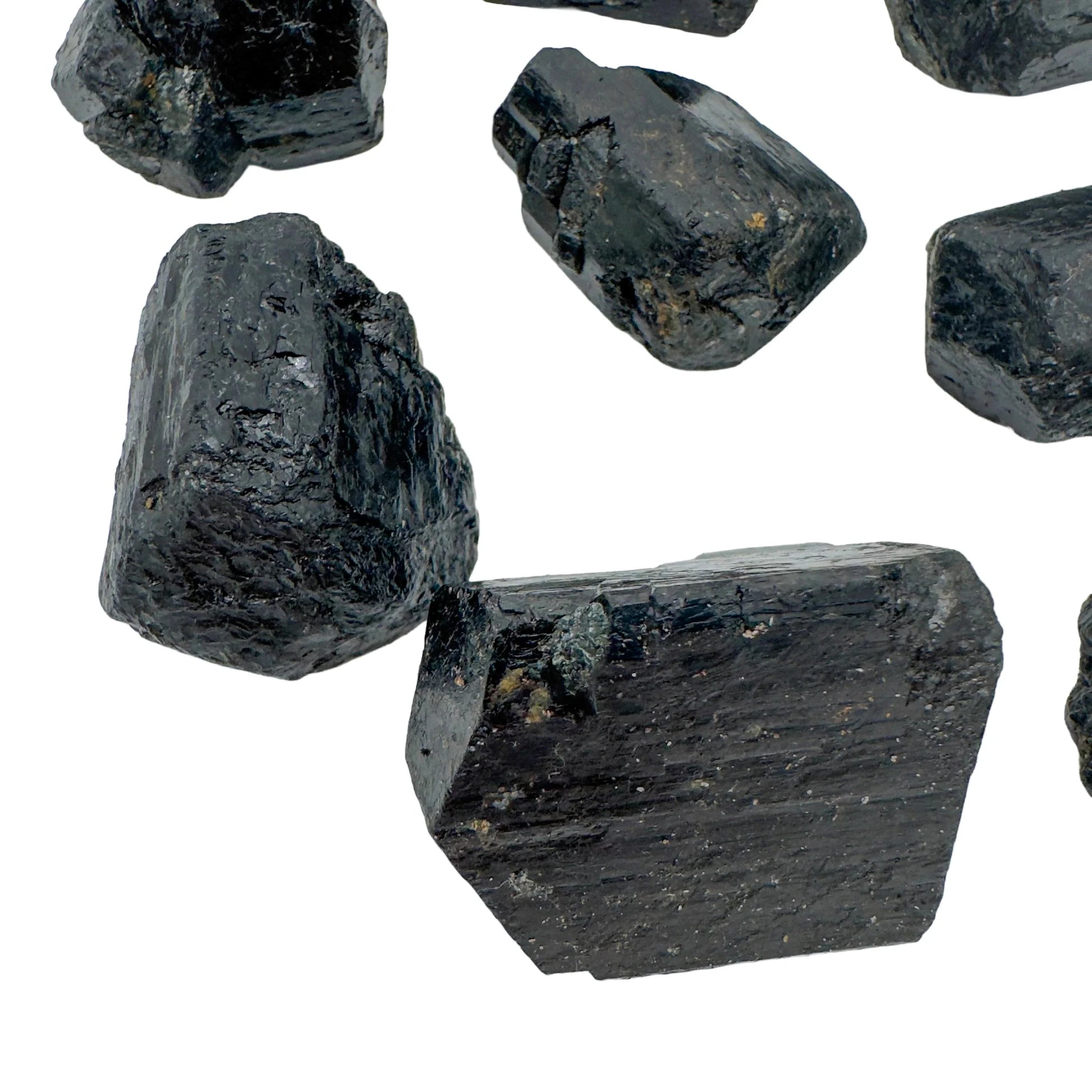 Plan view of Black Tourmaline raw stone, sourced from Vakinankaratra, Madagascar, kept close for Protection.