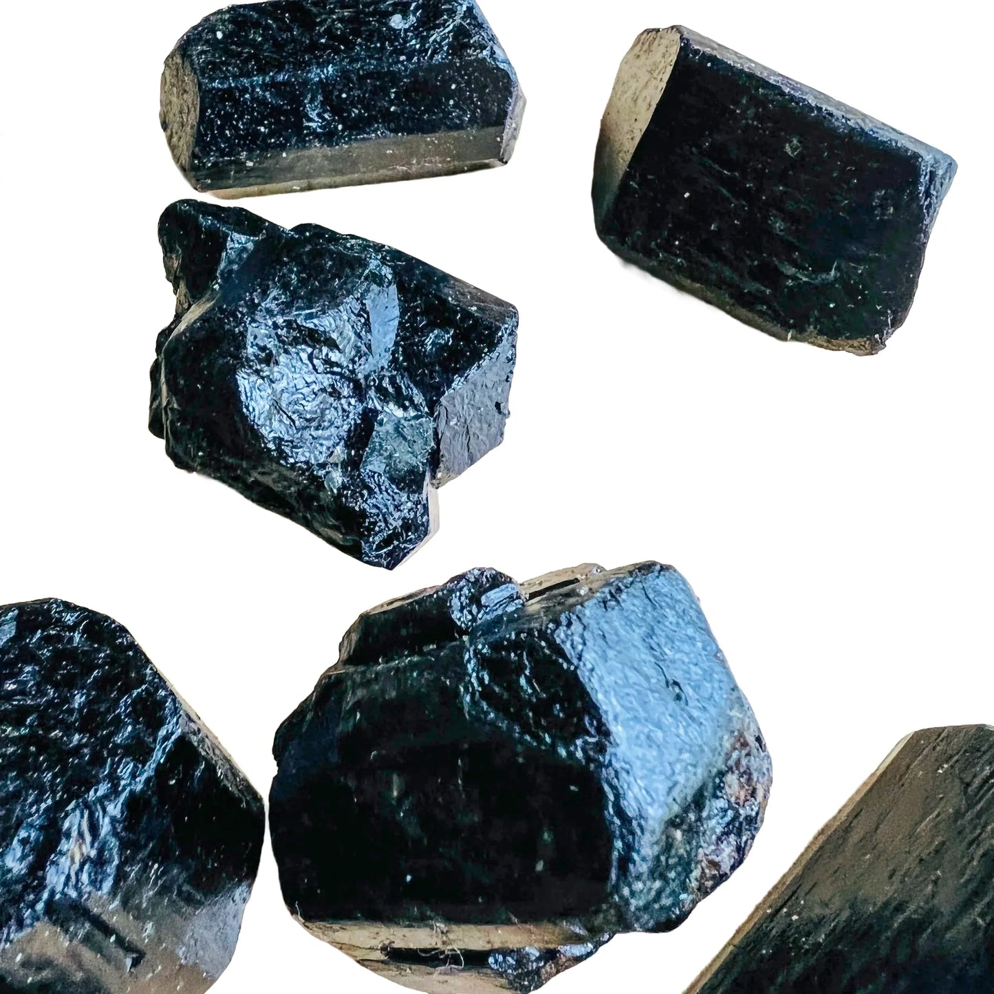 Alternate angle of Grade AA Black Tourmaline raw showing overall shape