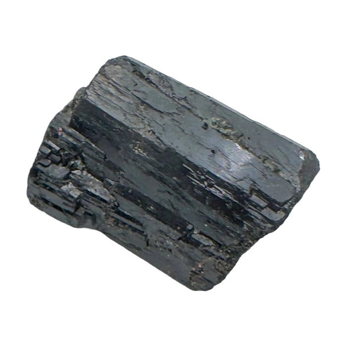 Black Tourmaline Raw Crystals, AA Grade, Madagascar: one representative stone on a white background