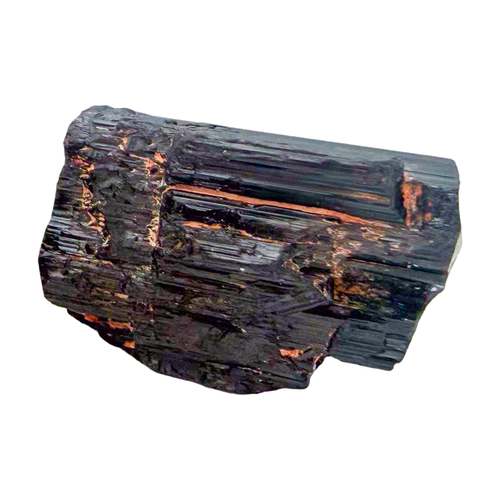 Black Tourmaline Raw Crystals, AAA Grade, Madagascar: one representative stone on a white background