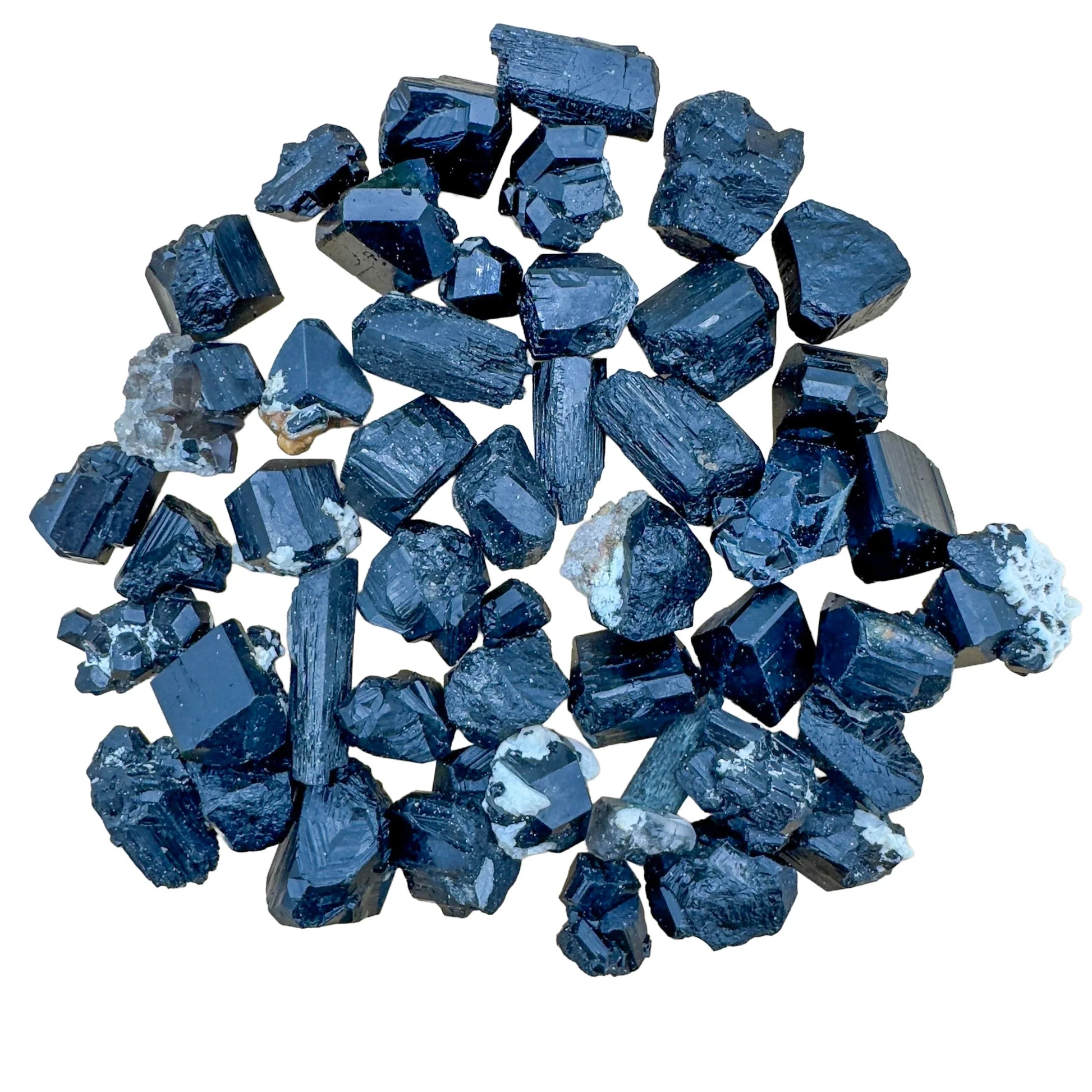 Sideways view of Black Tourmaline raw stone, Namibia-sourced, showing honest grain.