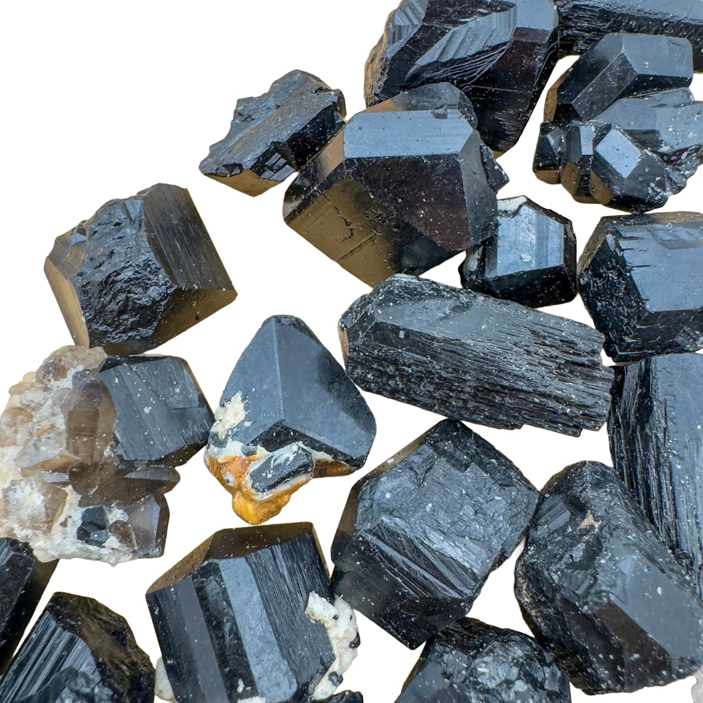 Overhead view of Black Tourmaline raw stone, showing tight grain, turned to for Protection and Grounding.