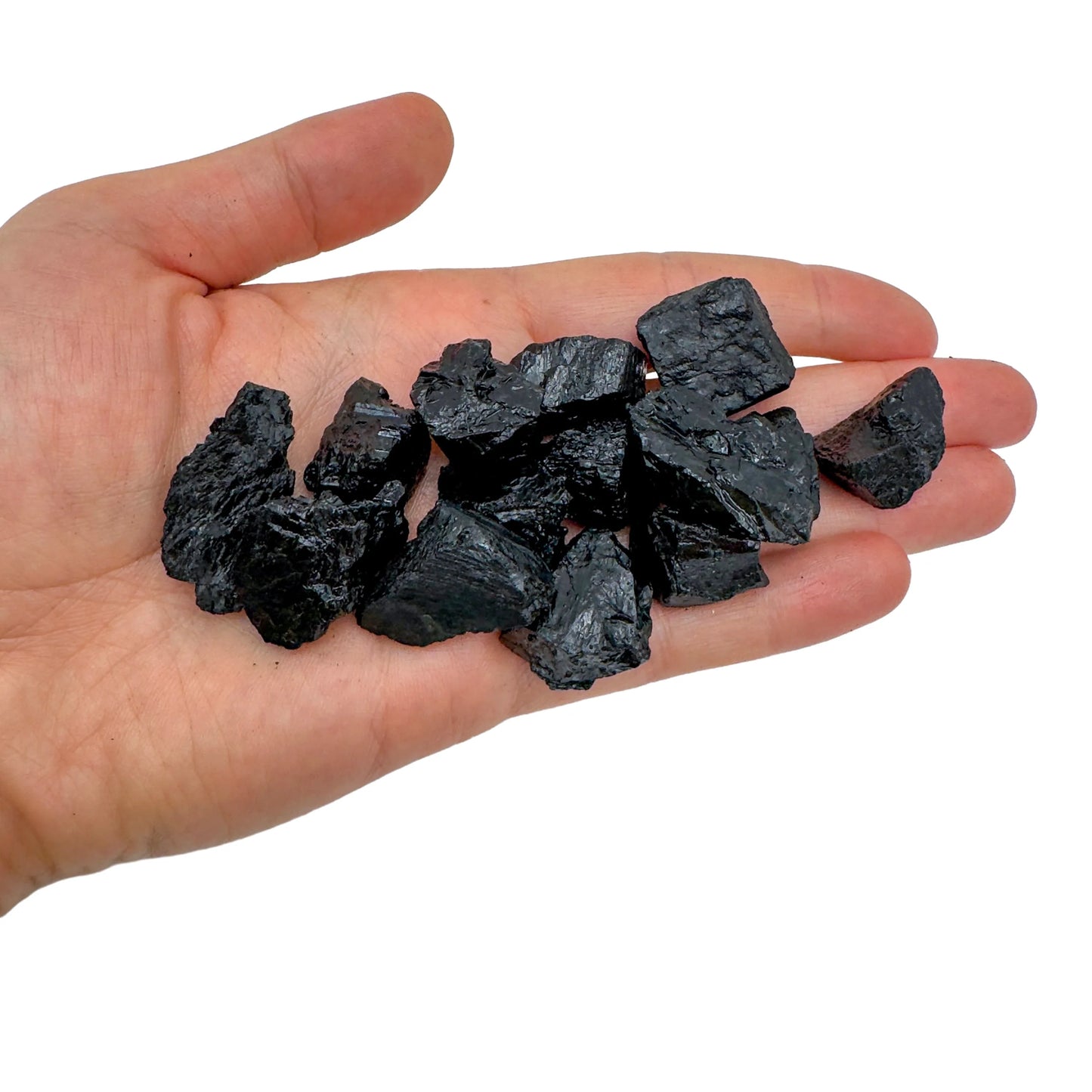 Hand holding small black tourmaline raw crystals 5-10 grams Brazil scale reference