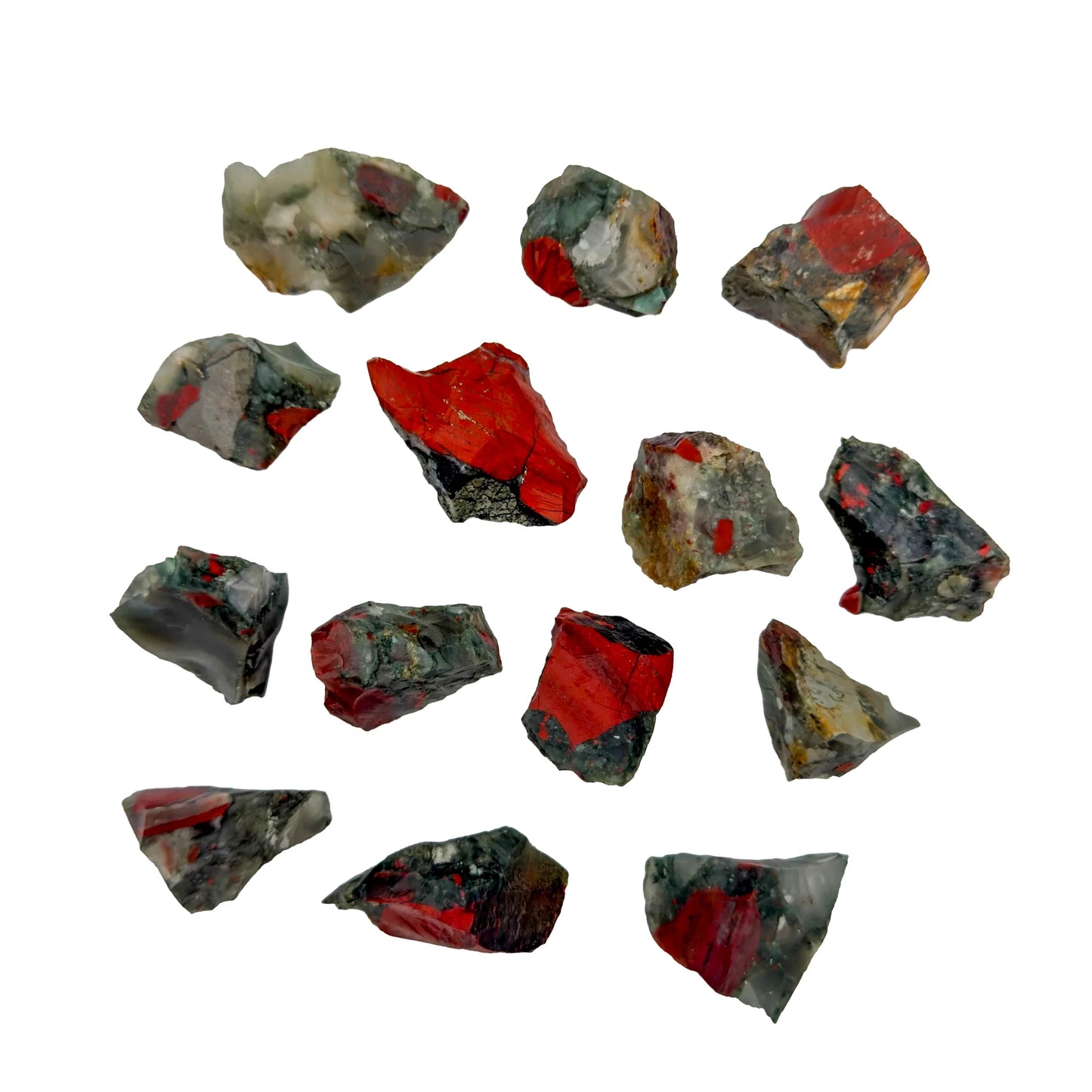 Edge-on view of Bloodstone raw stone, showing open form, sourced from Hhohho, Eswatini.