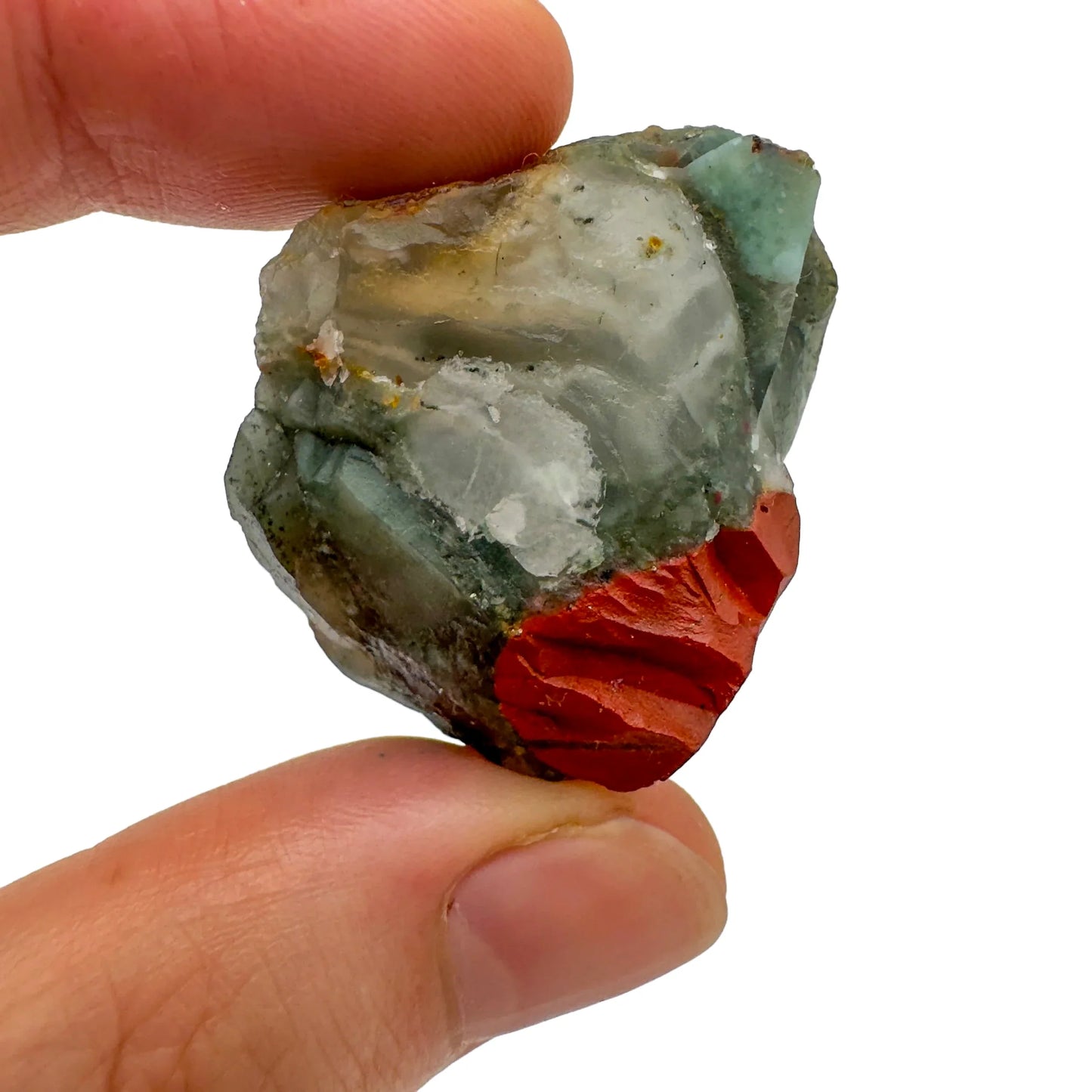 Back view of Grade AA Bloodstone raw showing natural surface