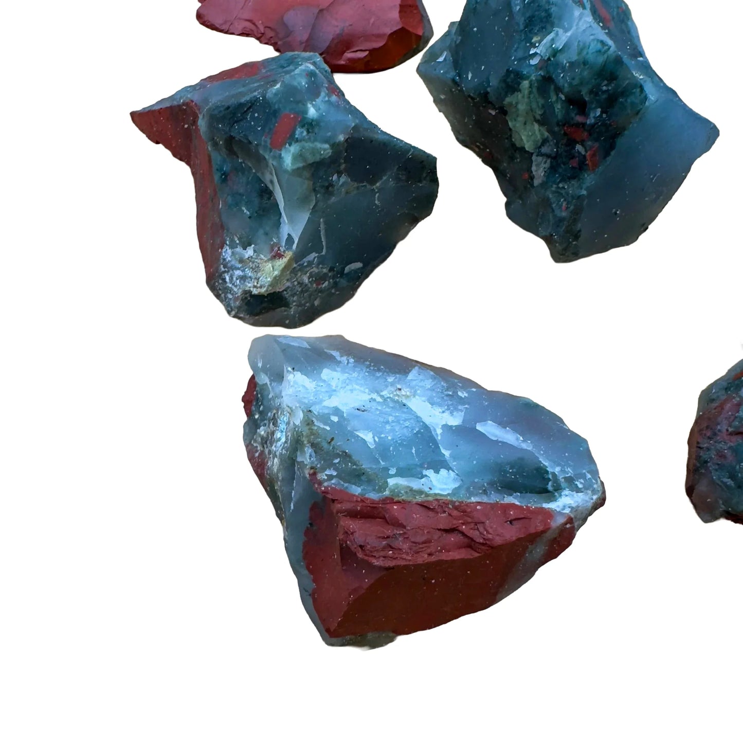 Plan view of Bloodstone raw stone, turned to for Energy and Protection, showing untreated character.