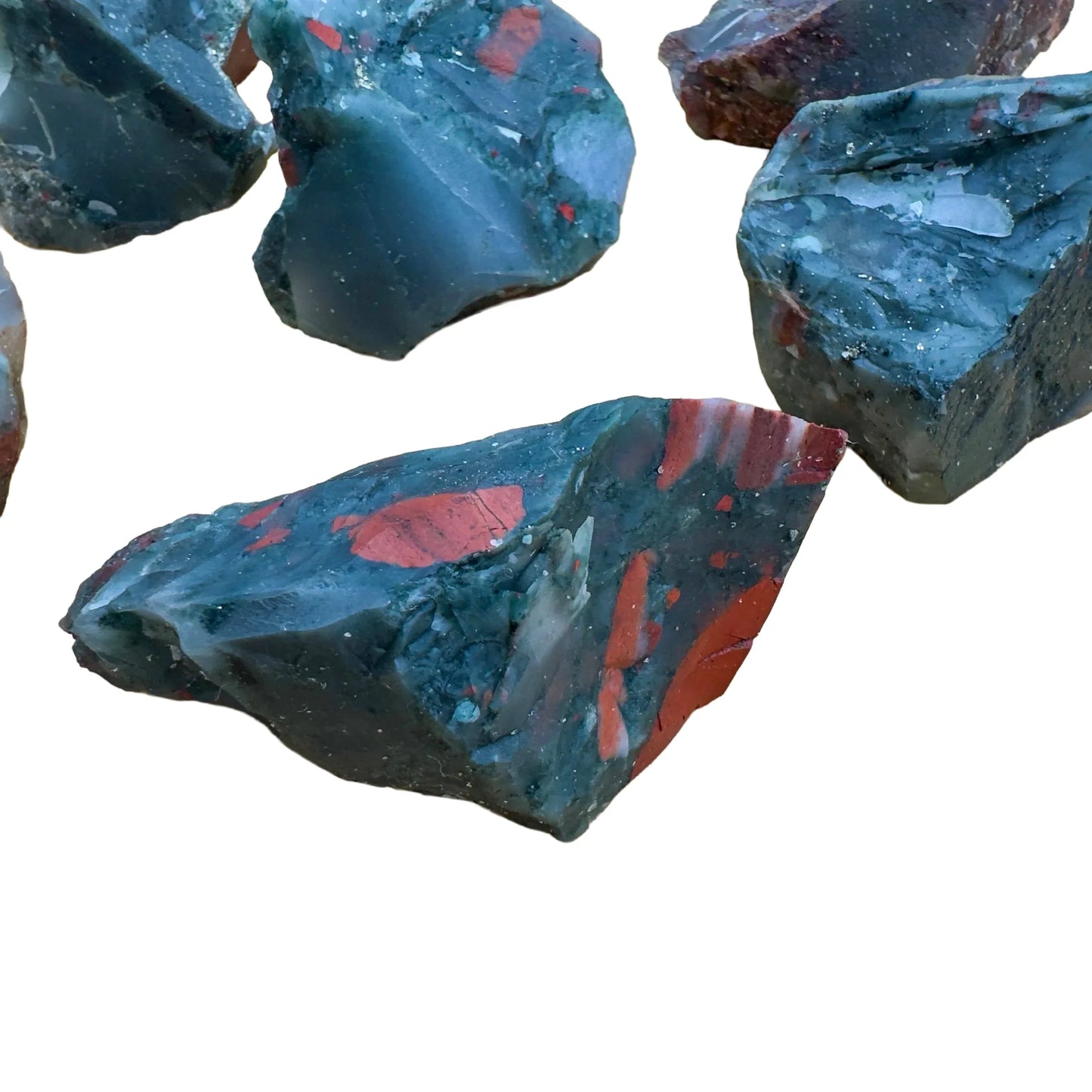Underside view of green Bloodstone raw stone, worked with for Energy.