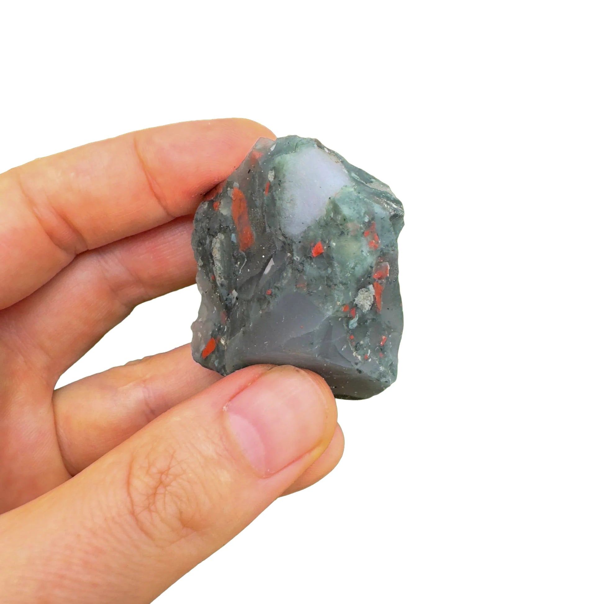 Back view of Grade AA Bloodstone raw showing natural surface