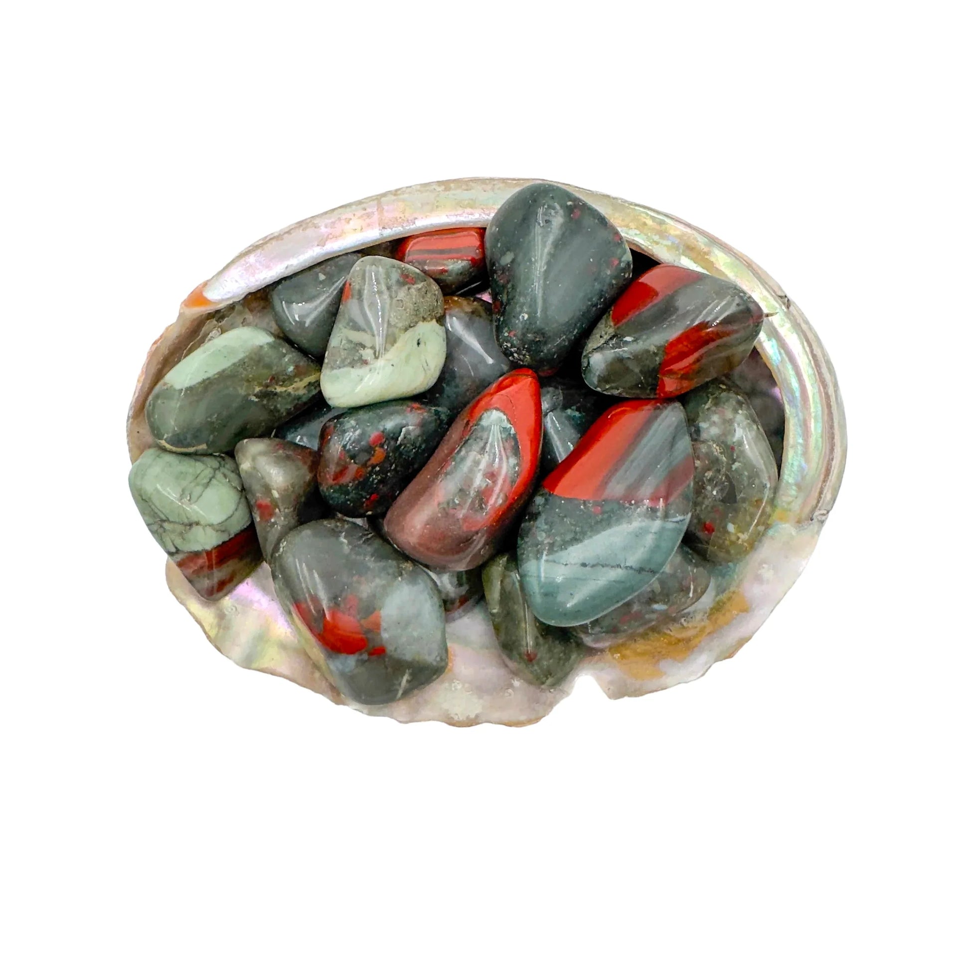 Detail of Grade AA Bloodstone tumbled stone, carried for Energy and Protection.