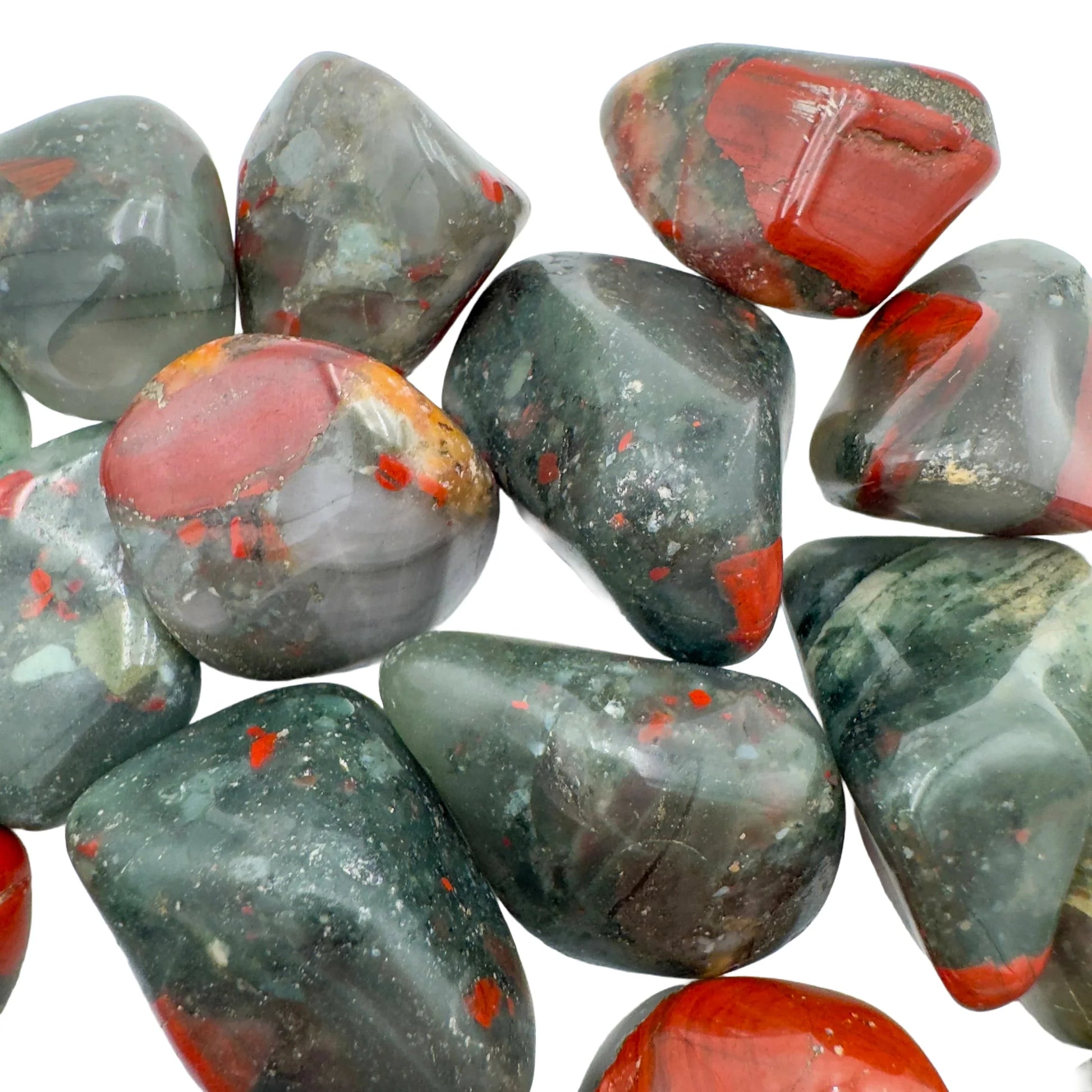 Back view of Grade AA Bloodstone tumbled stone showing natural surface