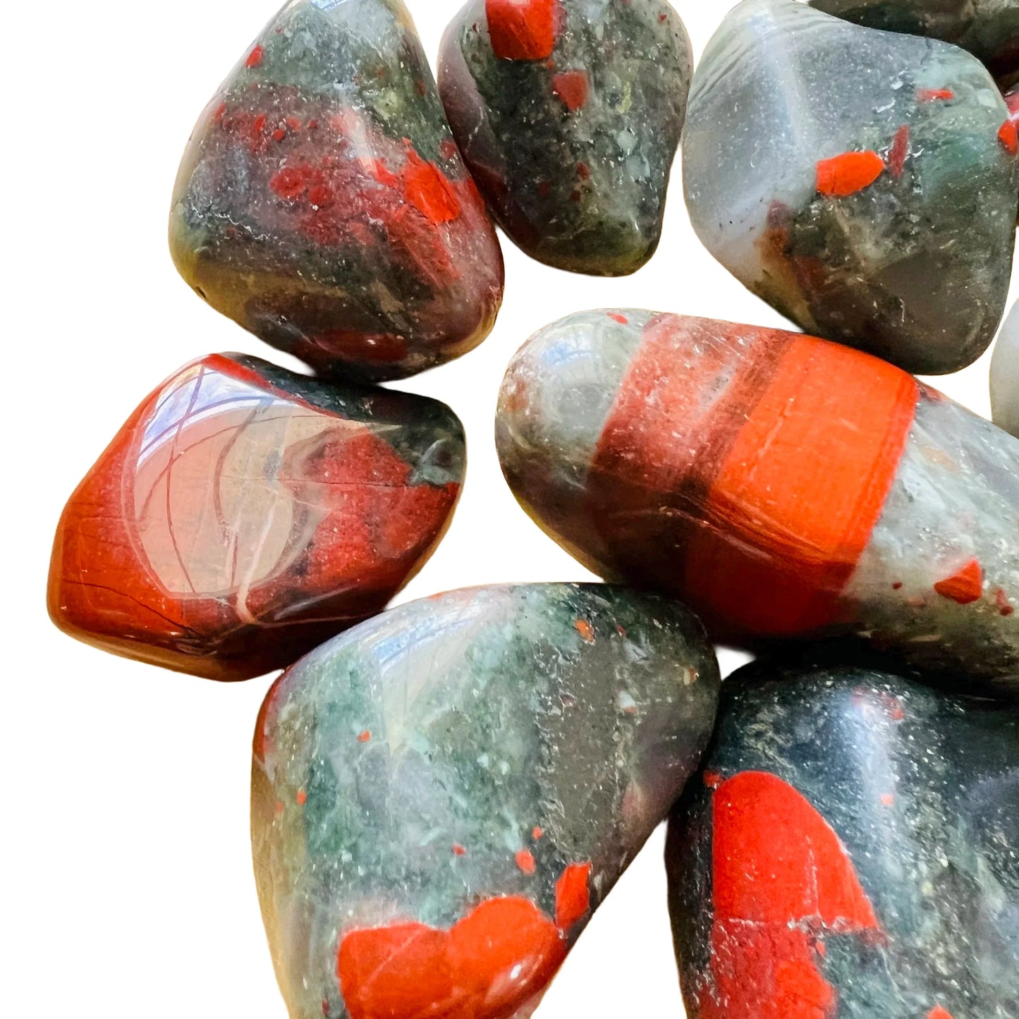 Full profile of Grade AA Bloodstone tumbled stone ready to ship from Beyond Bohemian