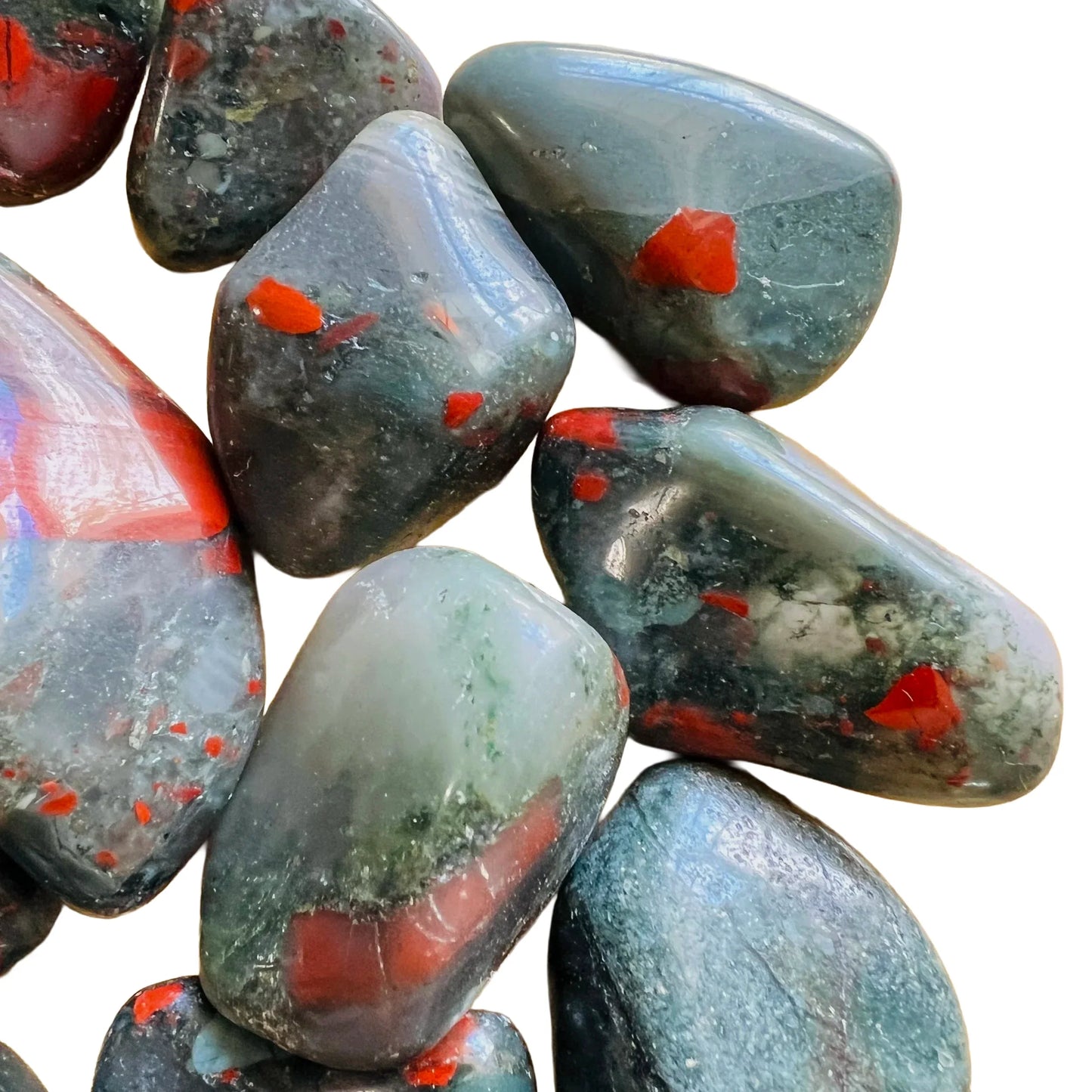 Full profile of Grade AA Bloodstone tumbled stone ready to ship from Beyond Bohemian