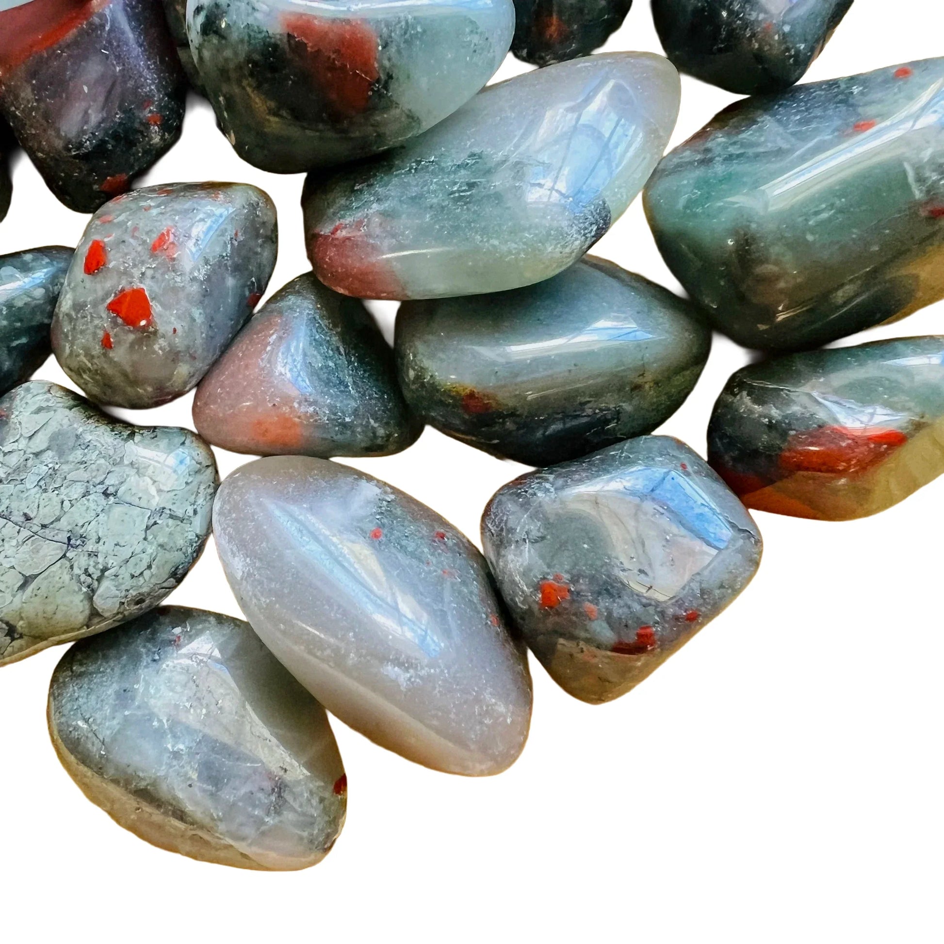 Side-on view of Grade AA Bloodstone tumbled stone, kept near for Energy, sourced from Eswatini.