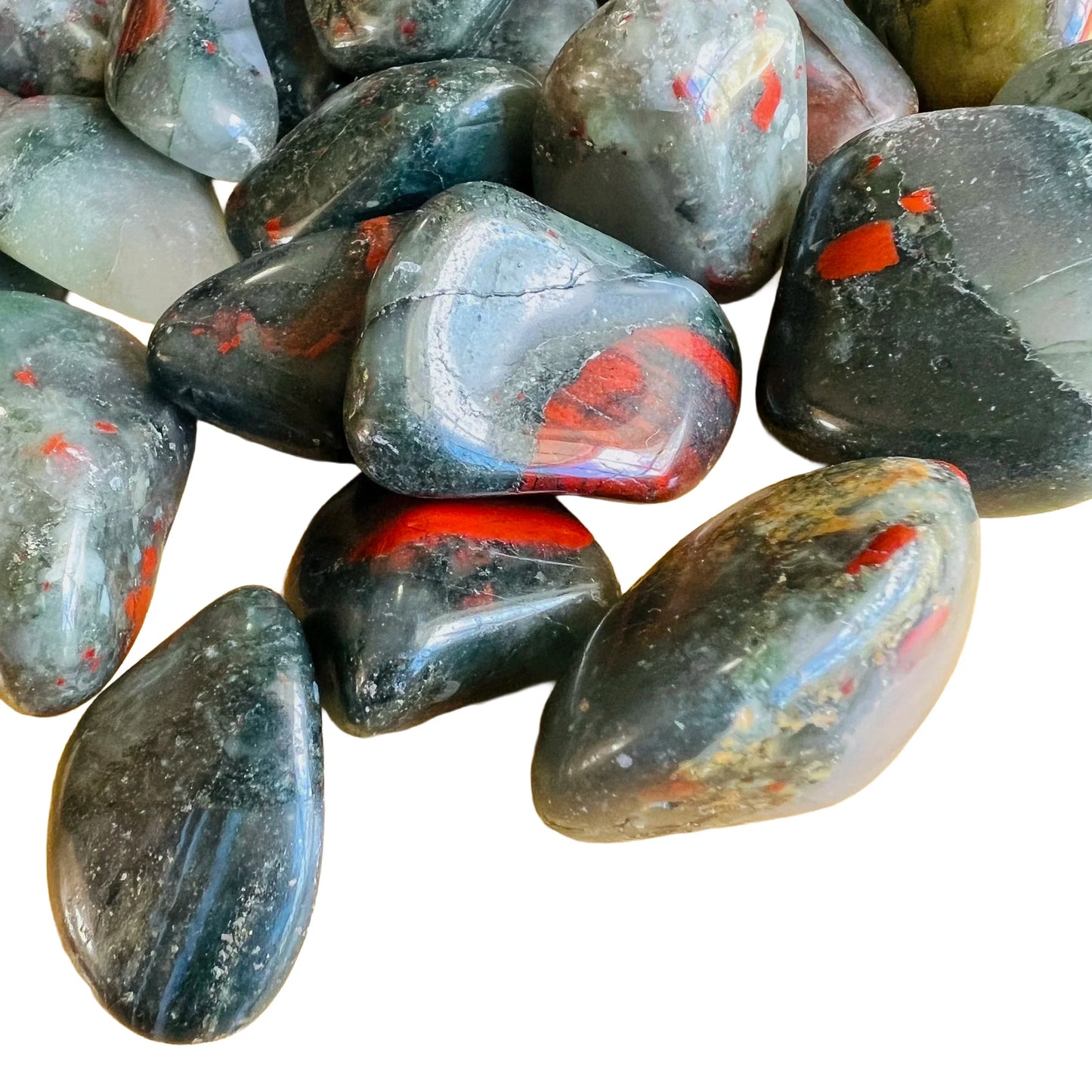 Underside view of Bloodstone tumbled stone, showing characteristic patterning.