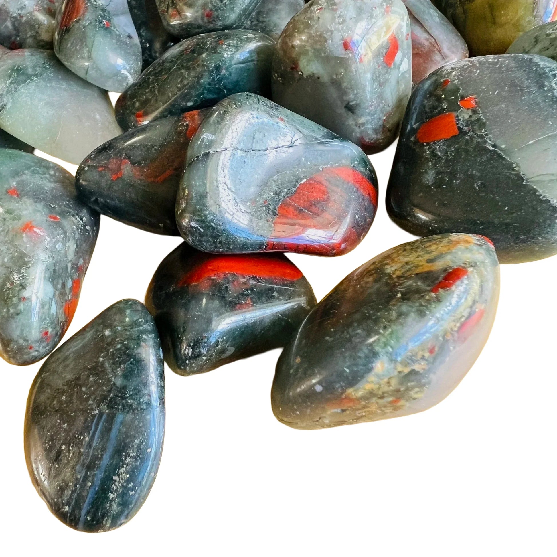 Underside view of Bloodstone tumbled stone, showing characteristic patterning.