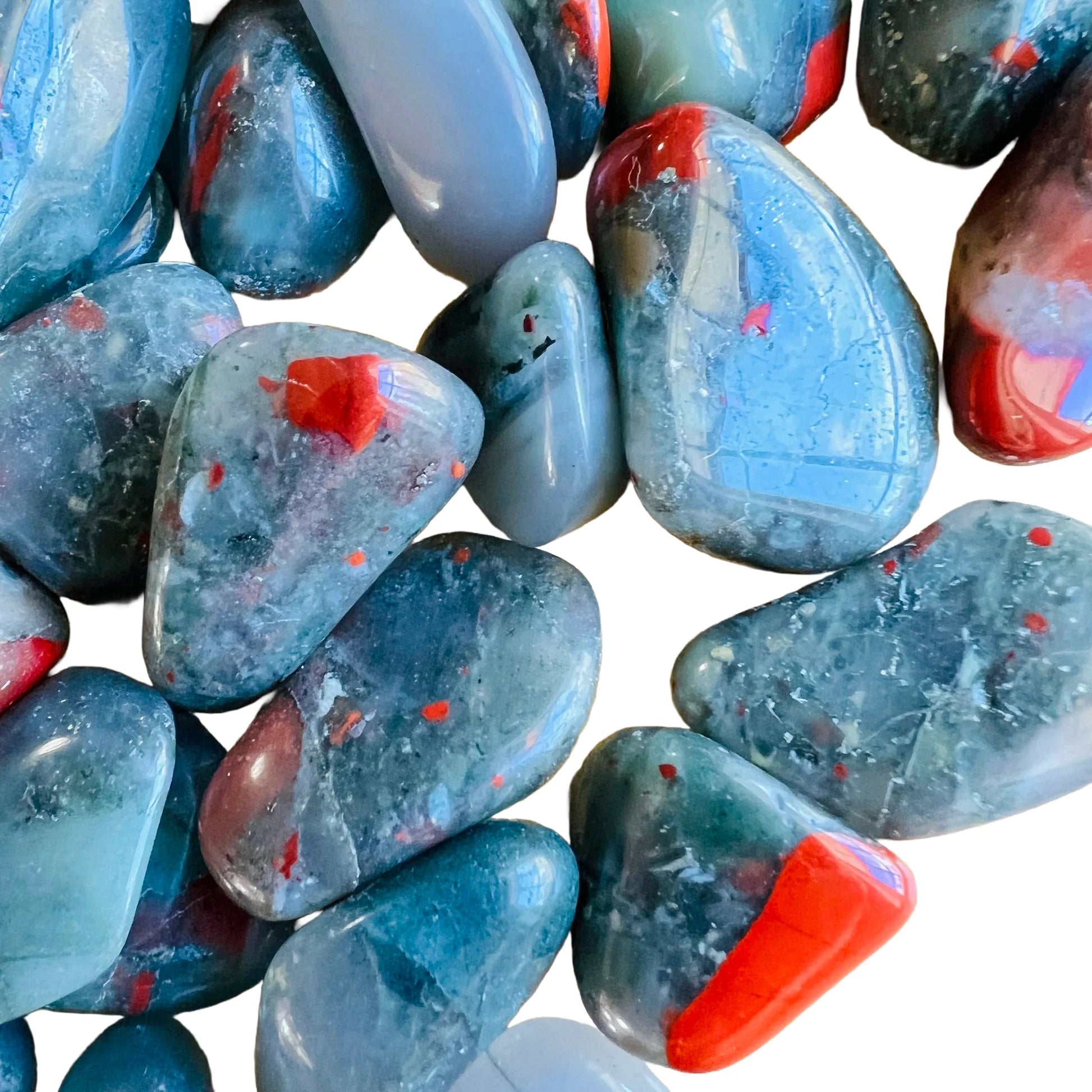 Bottom side of Bloodstone tumbled stone, showing matte finish.
