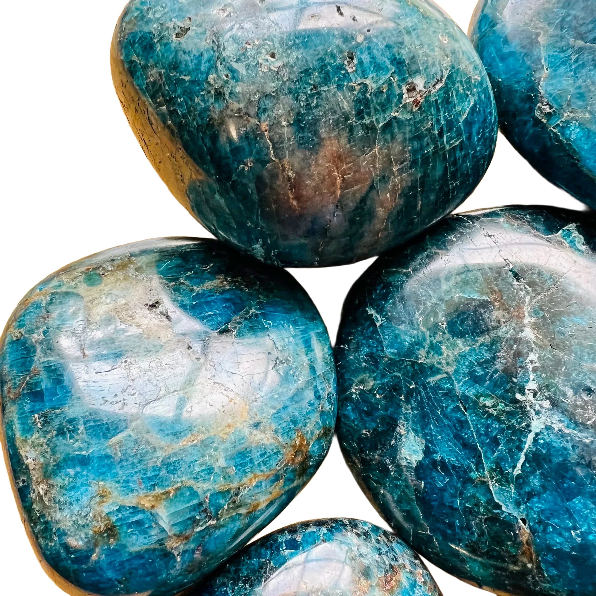 Overhead angle of Grade AA Apatite palm stone, carried for Focus, hand-selected from Anosy, Madagascar.