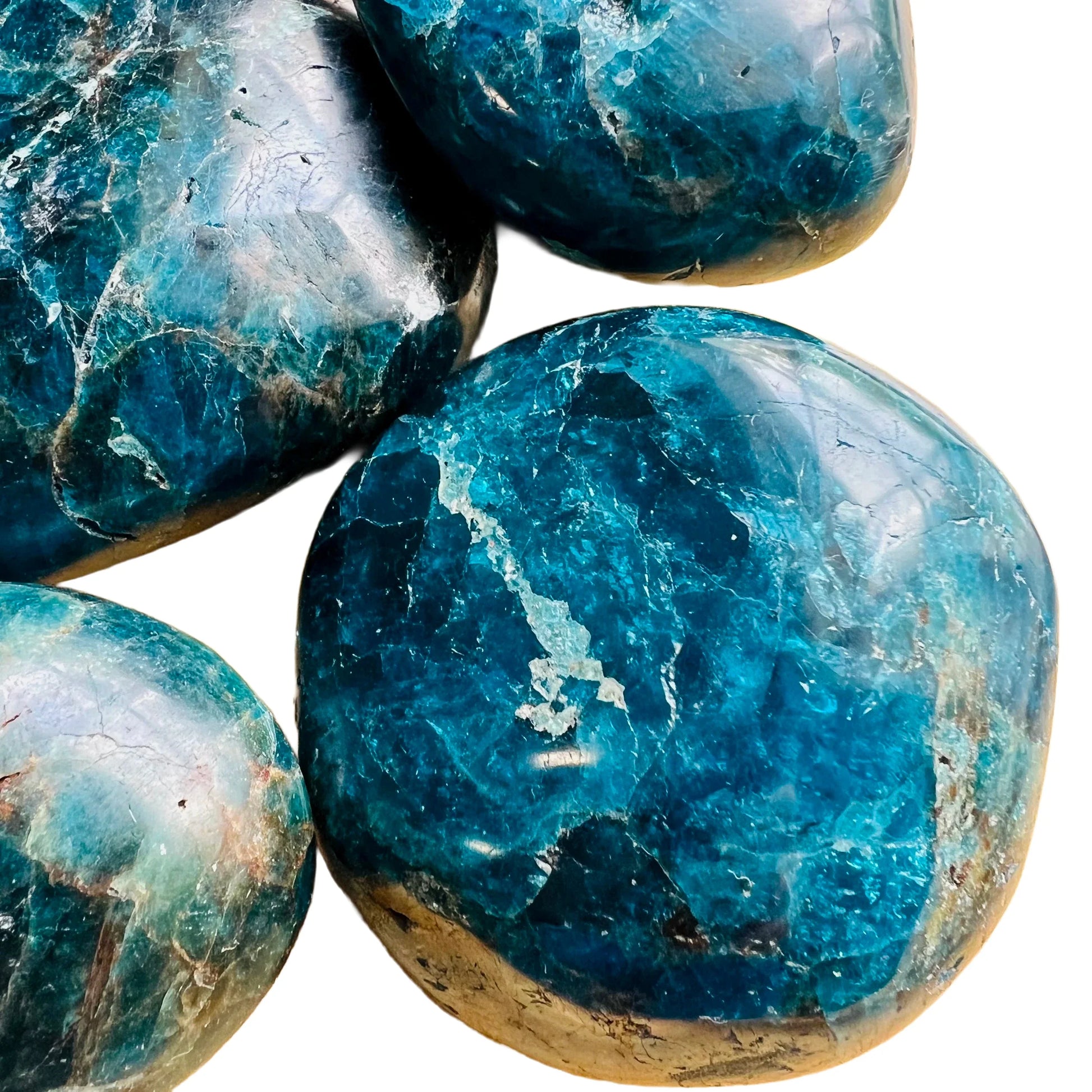 Underside view of blue Apatite palm stone, showing natural texture, Madagascar-sourced.