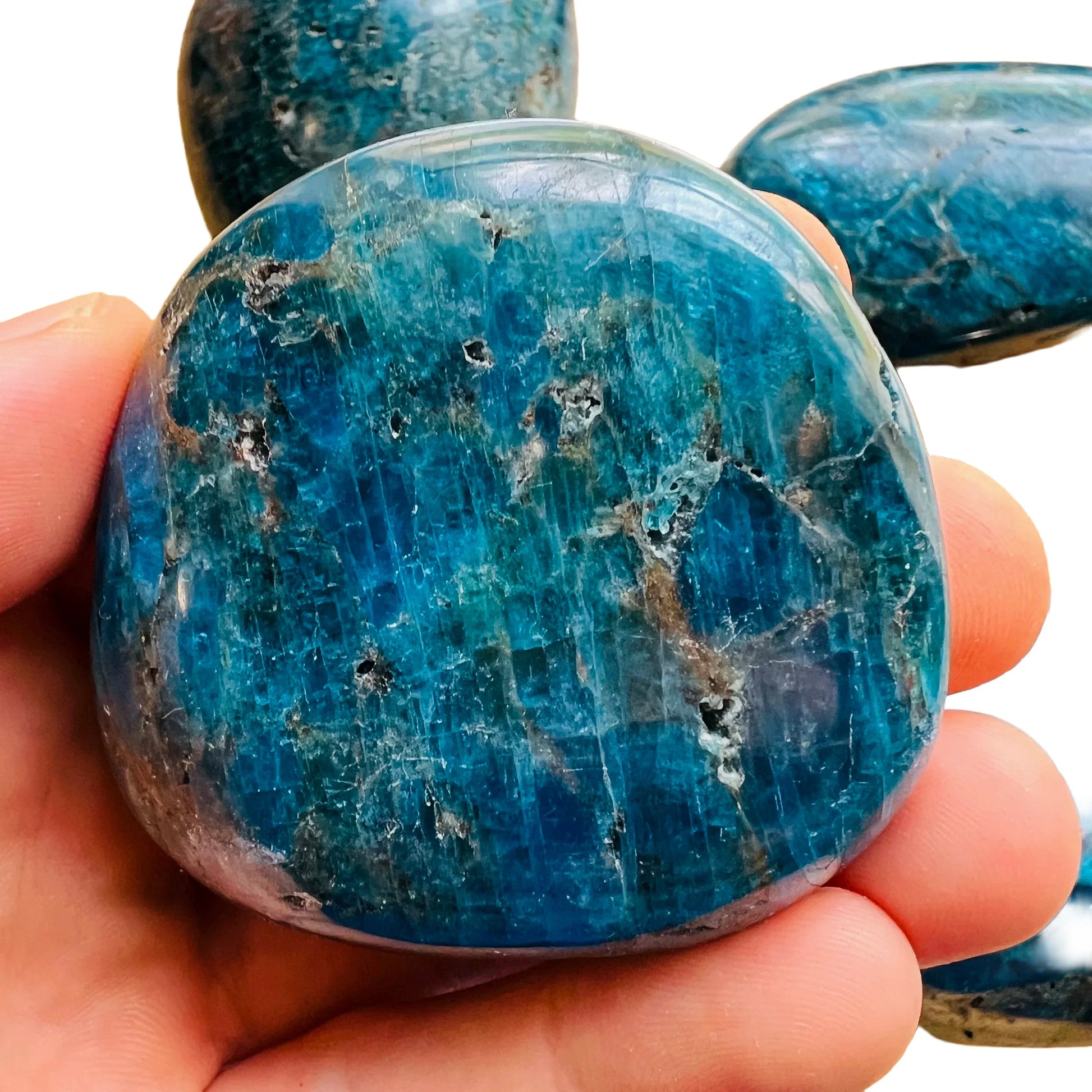 Full profile of Grade AA Apatite palm stone ready to ship from Beyond Bohemian