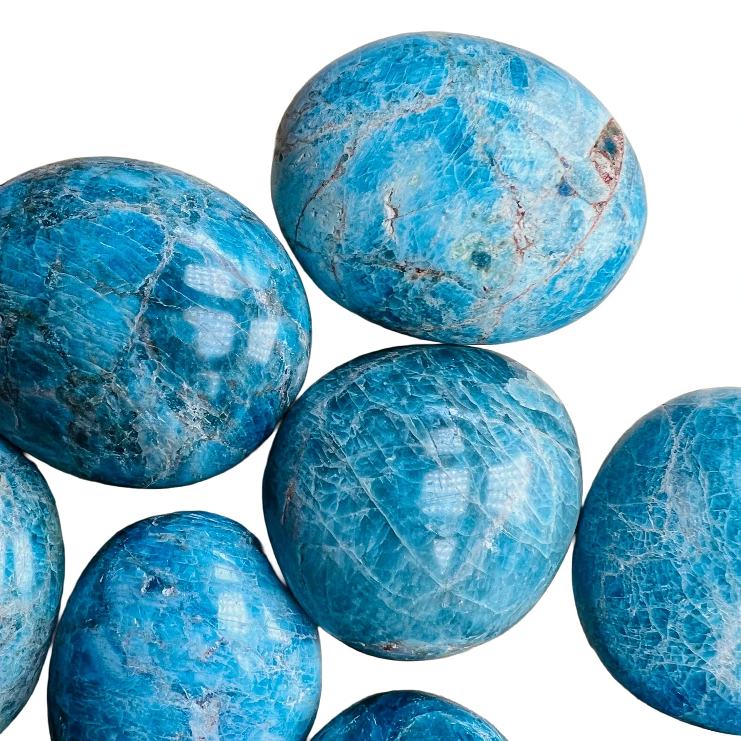 Alternate angle of Apatite palm stone, showing natural variation, sourced from Madagascar.