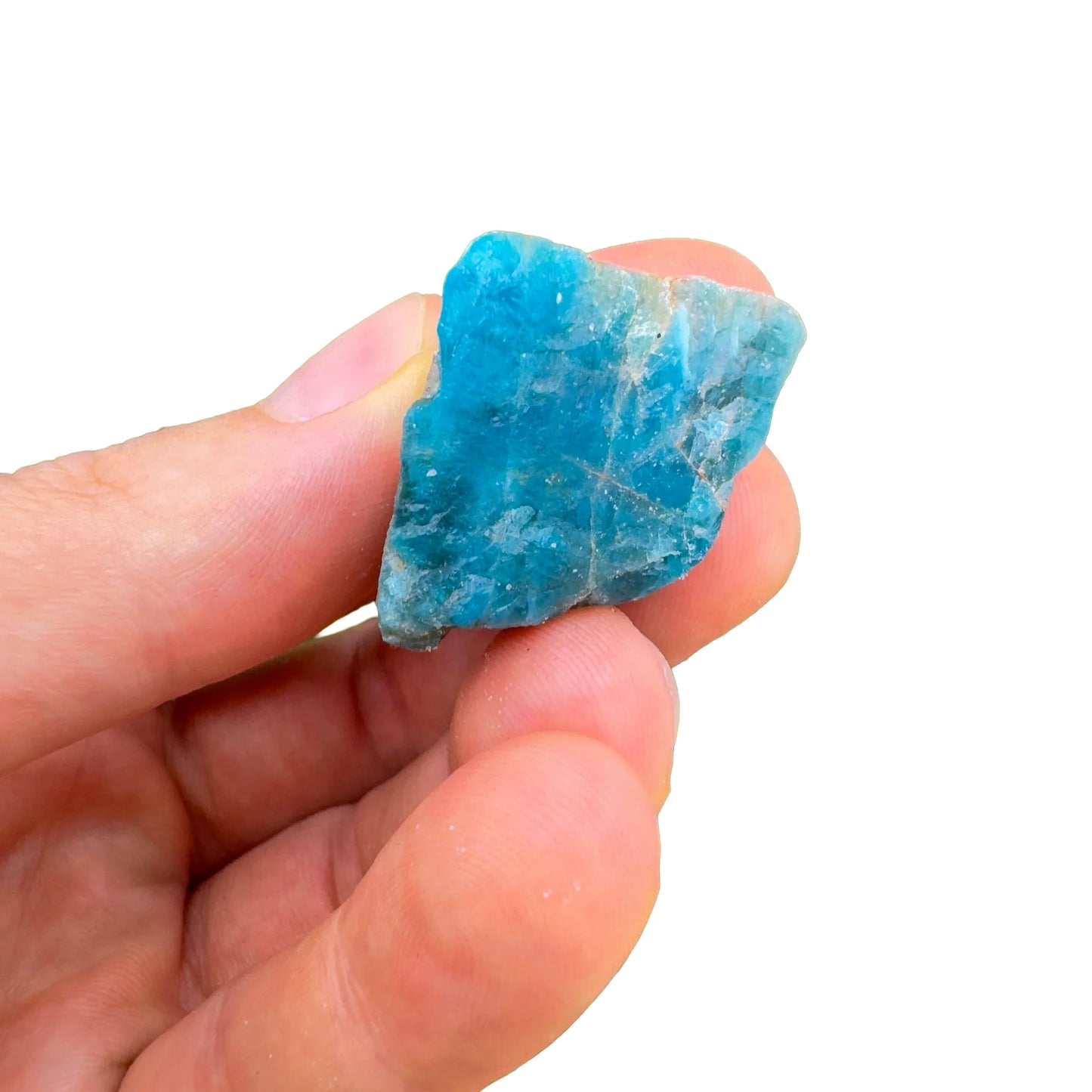 Looking down on Grade A Apatite raw stone, Madagascar-sourced, showing characteristic finish.