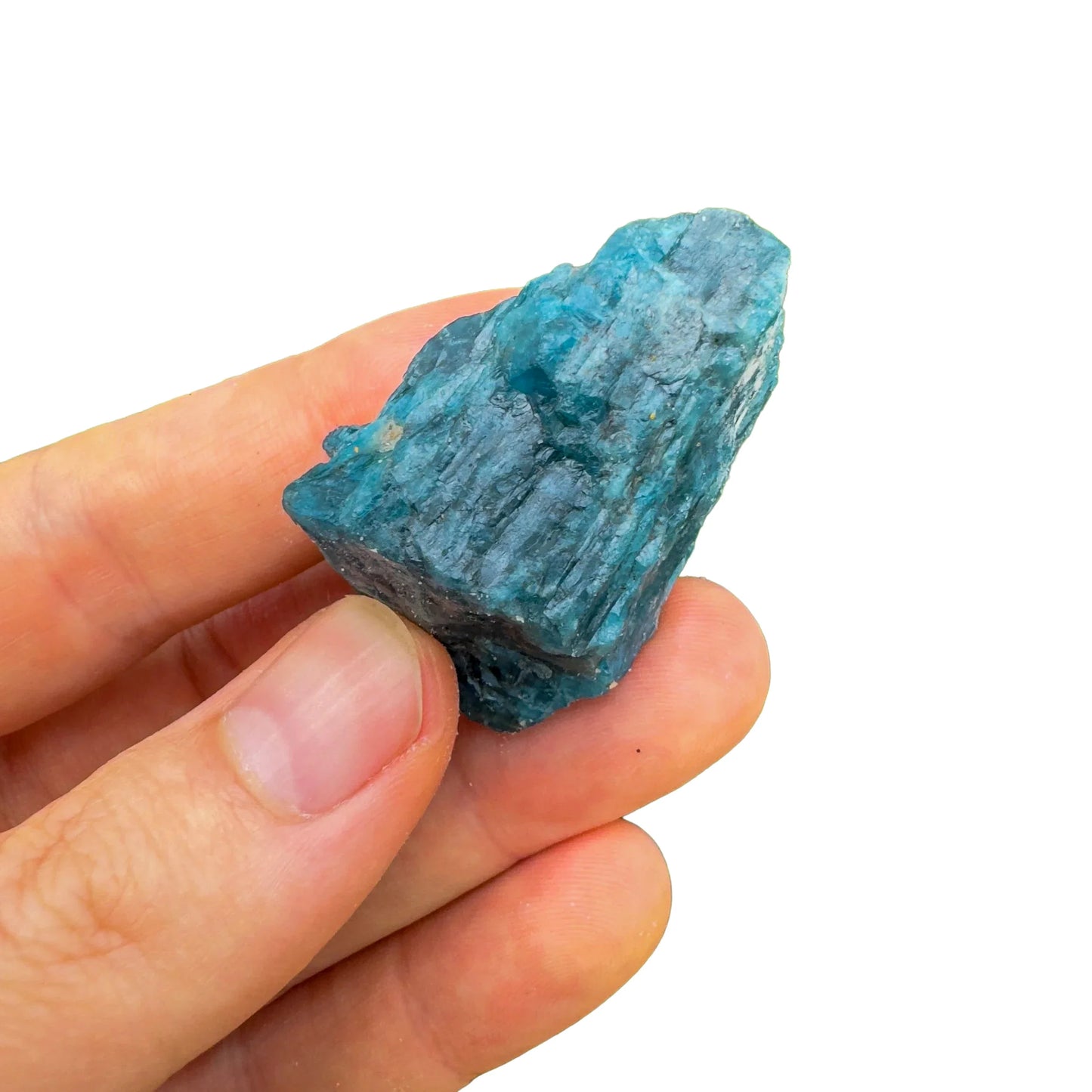 Opposite side of Grade A blue Apatite raw stone, often kept for Focus and Manifestation, from Anosy, Madagascar.