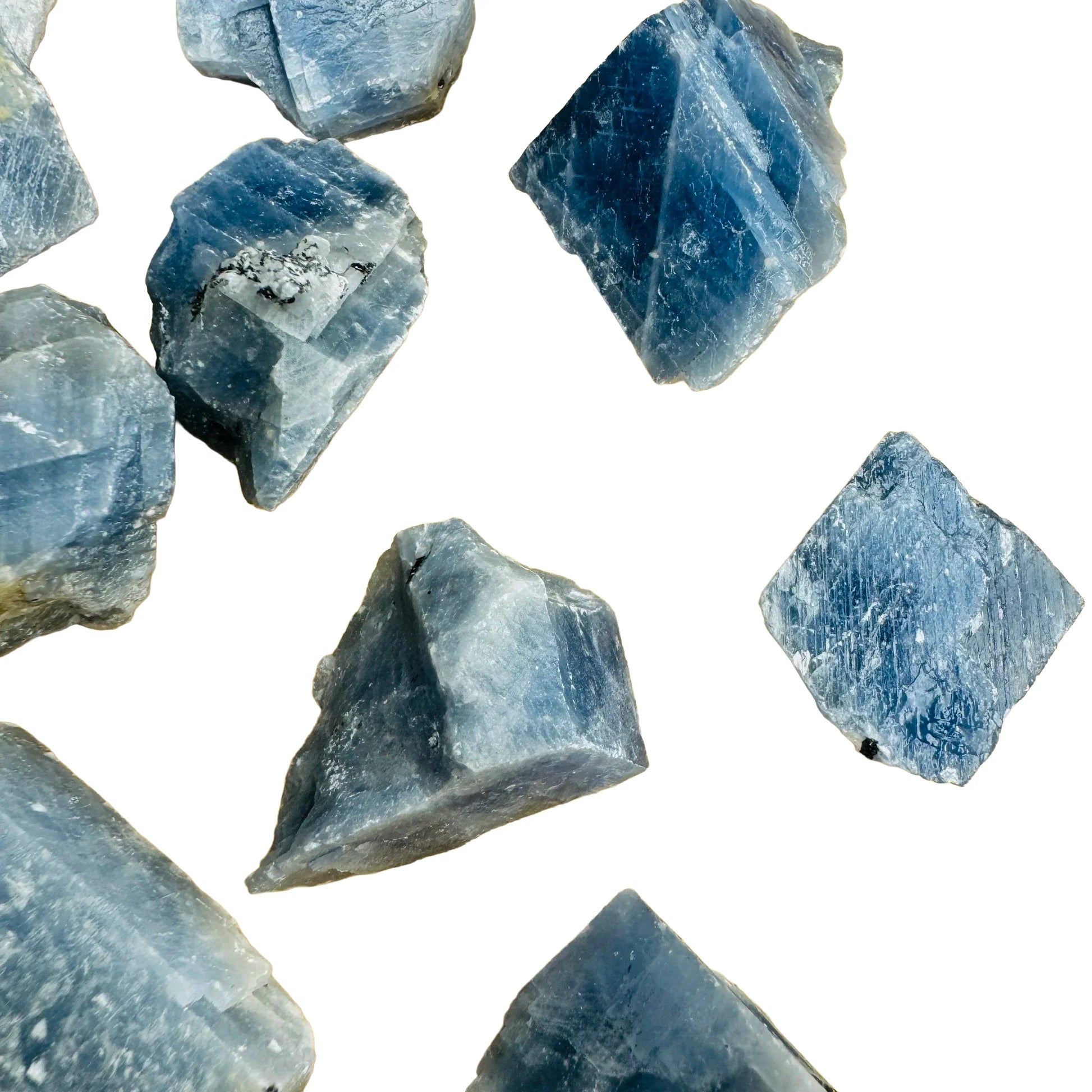 Side profile of Blue Calcite raw stone, associated with Stress Relief and Emotional Healing, from Namibia.