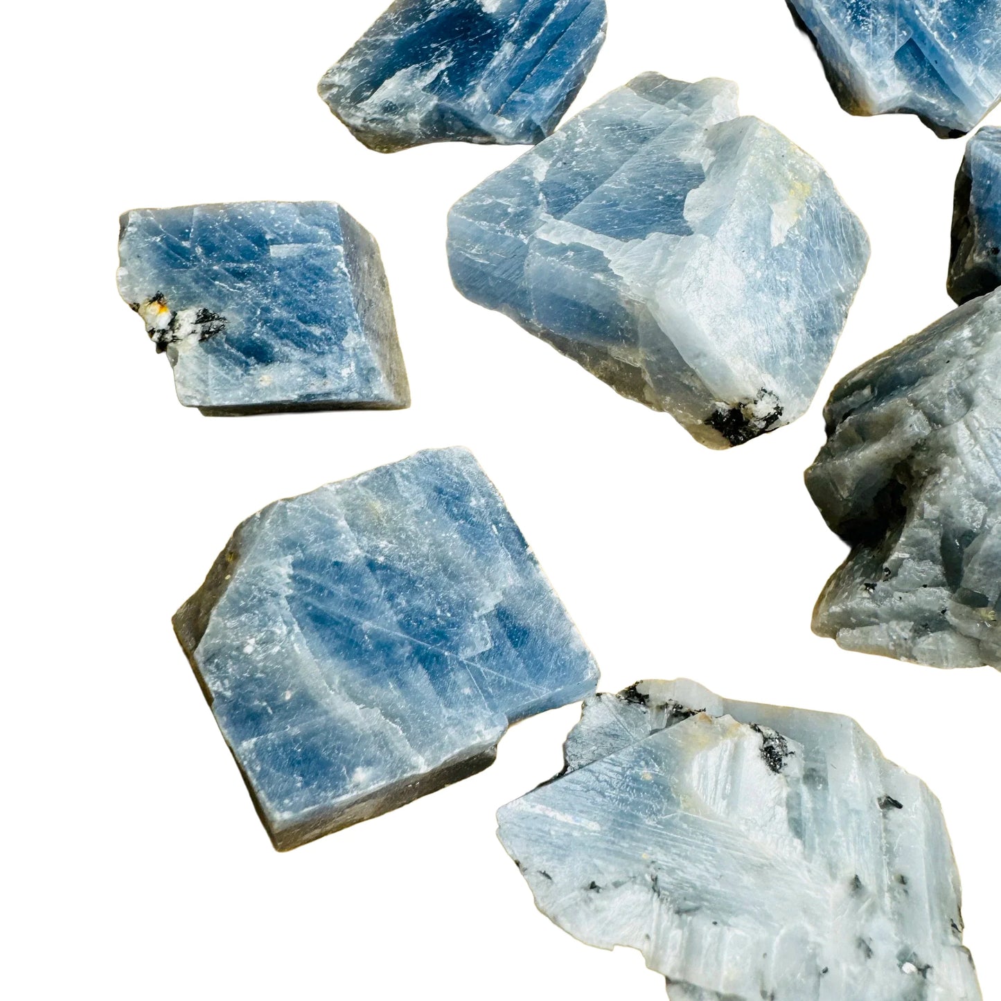 Top-side view of Blue Calcite raw stone, showing raw matrix.