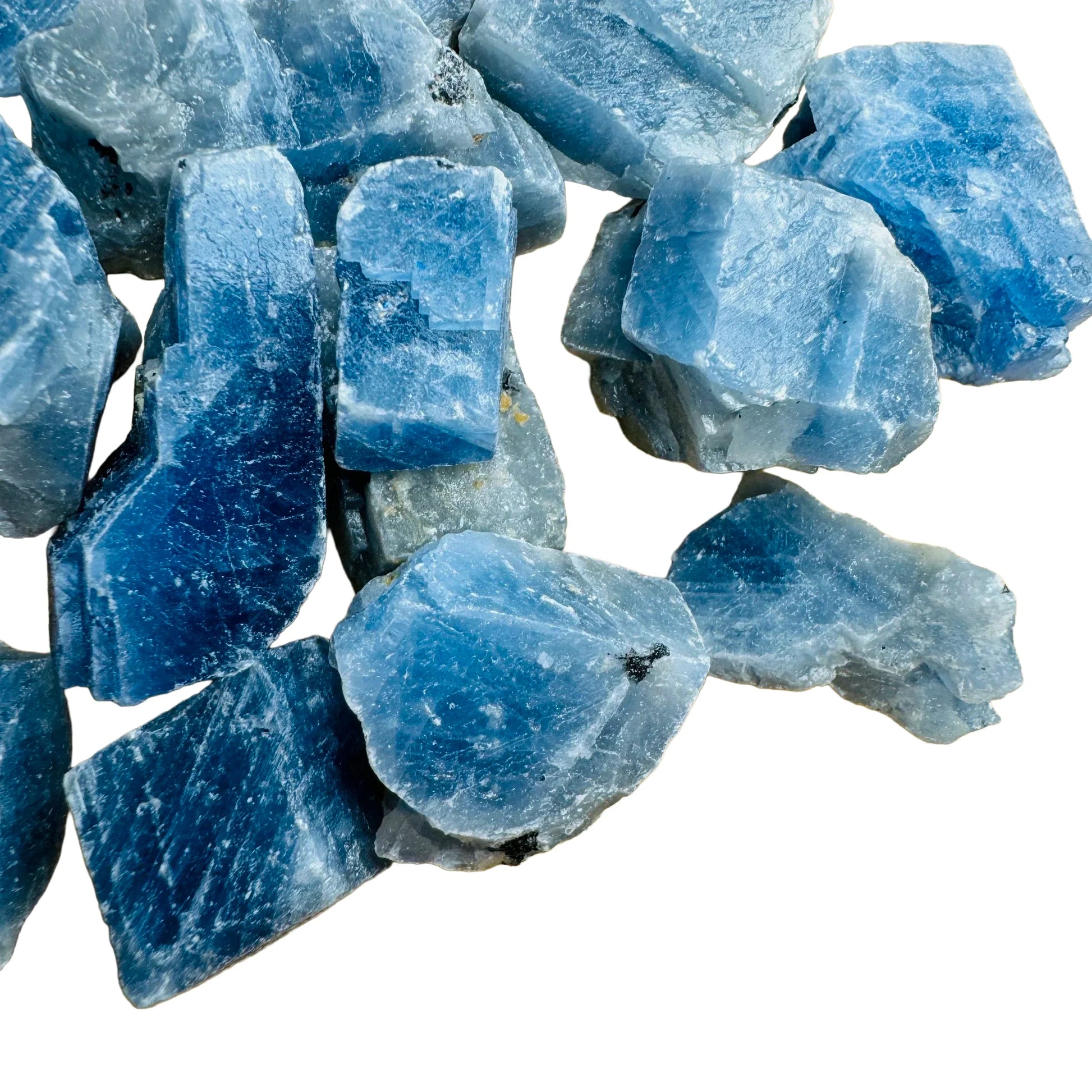 Natural surface of Blue Calcite raw stone, showing tight grain, hand-selected from Erongo, Namibia.