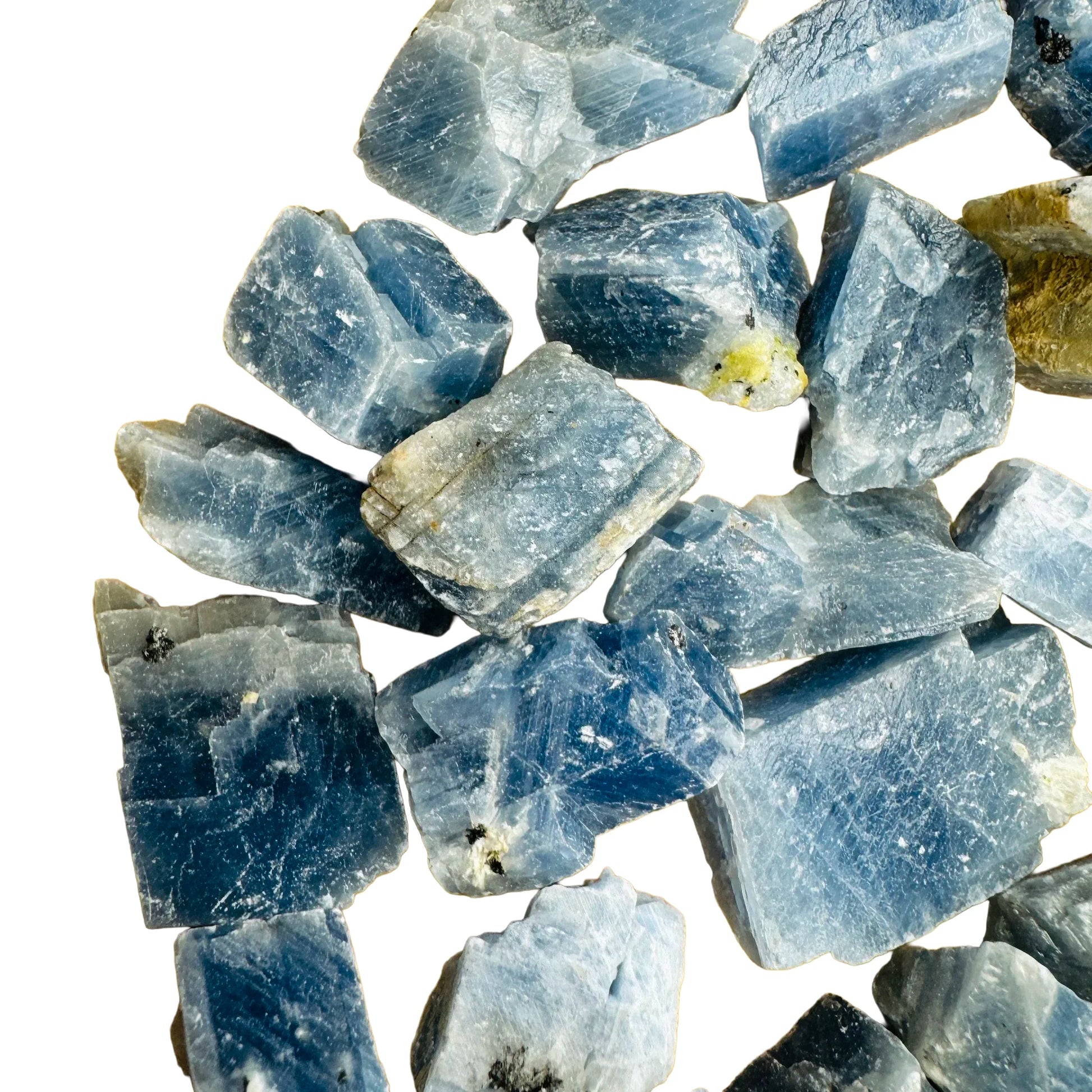 Bird's-eye view of Blue Calcite raw stone, worked with for Stress Relief and Emotional Healing, showing characteristic patterning.
