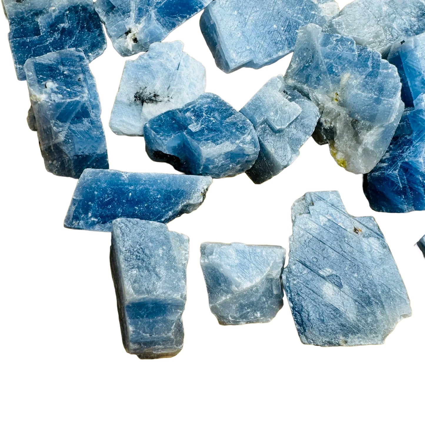 Underside view of Blue Calcite raw stone, turned to for Stress Relief.