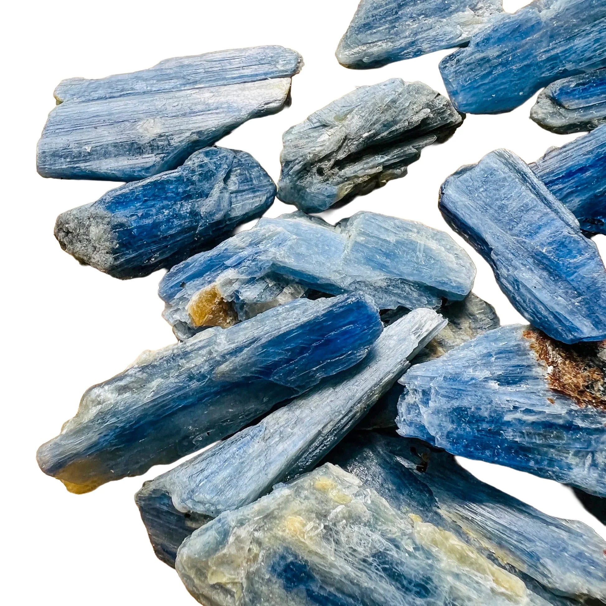 Natural light view of a Blue Kyanite raw stone often kept for Confidence, Brazil-sourced.