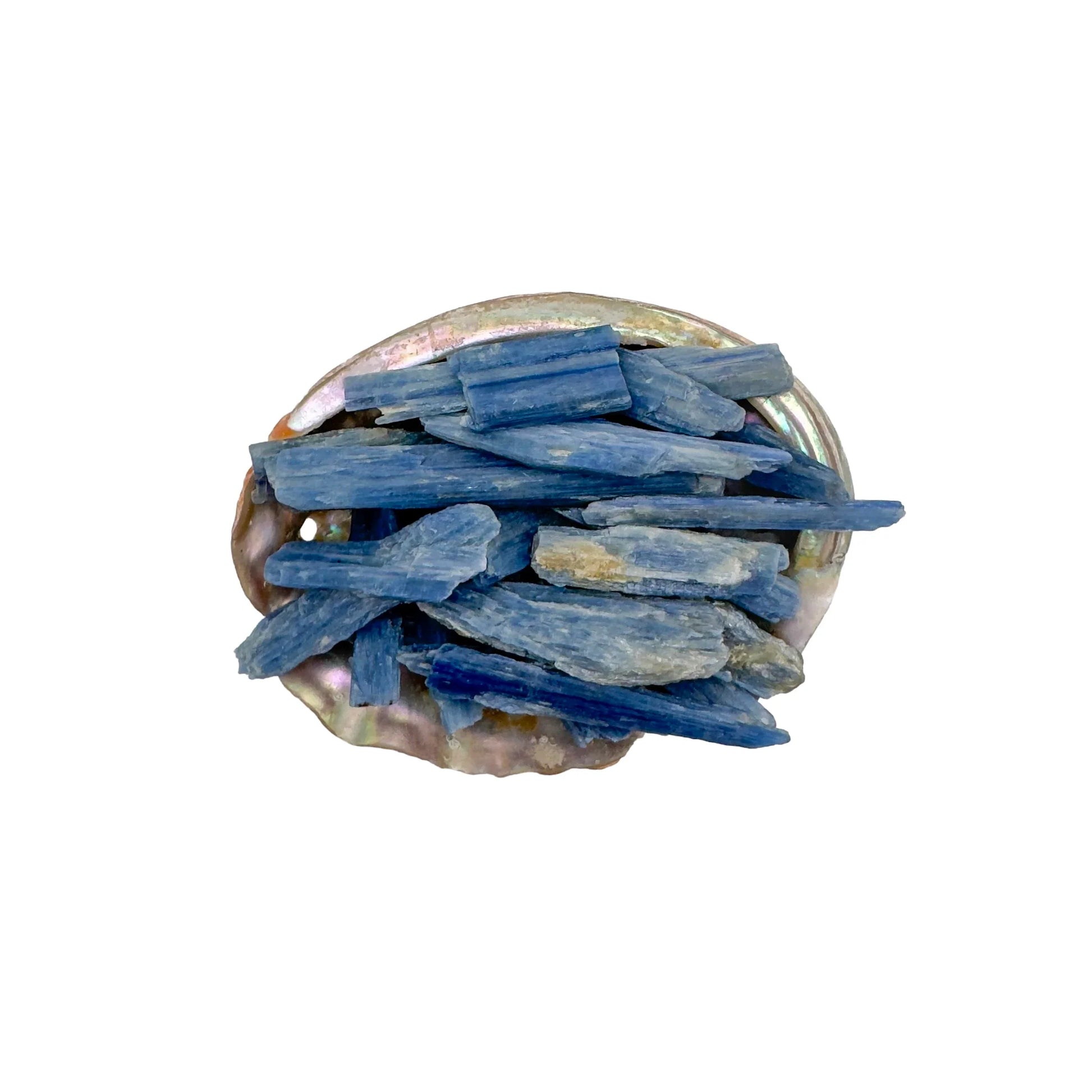 Near view of Blue Kyanite raw stone, drawn on for Confidence, from Minas Gerais, Brazil.