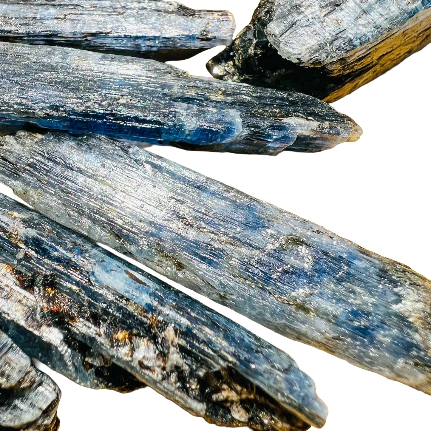 Detail shot of Grade AA Blue Kyanite raw under natural light