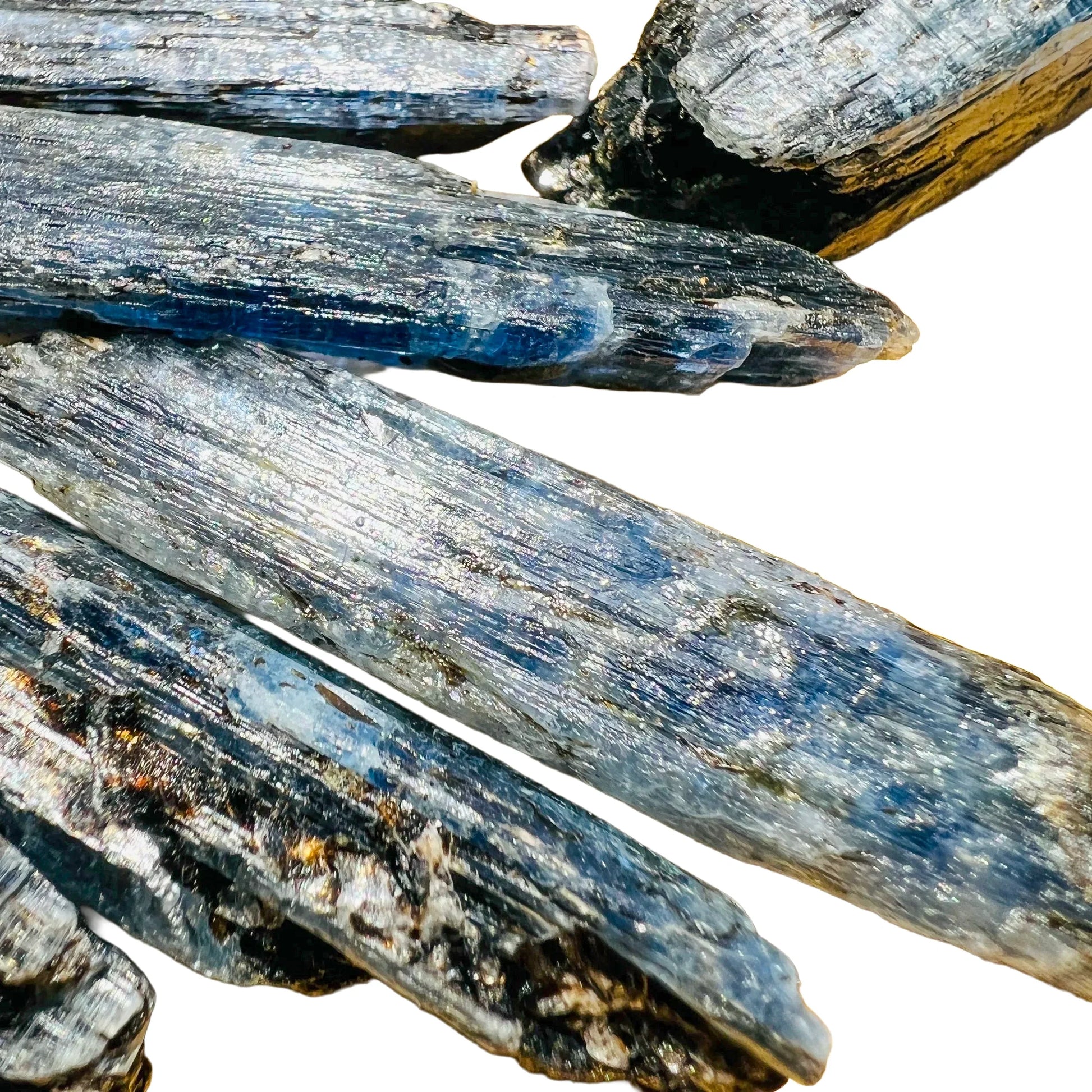 Detail shot of Grade AA Blue Kyanite raw under natural light
