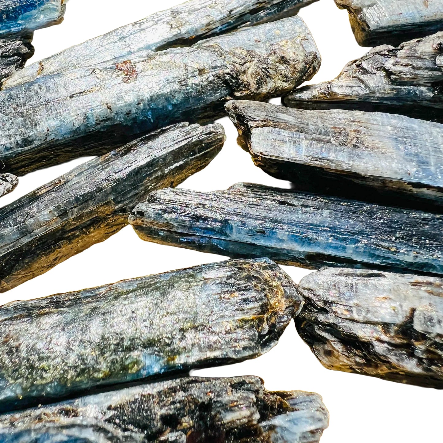 Full profile of Grade AA Blue Kyanite raw ready to ship from Beyond Bohemian