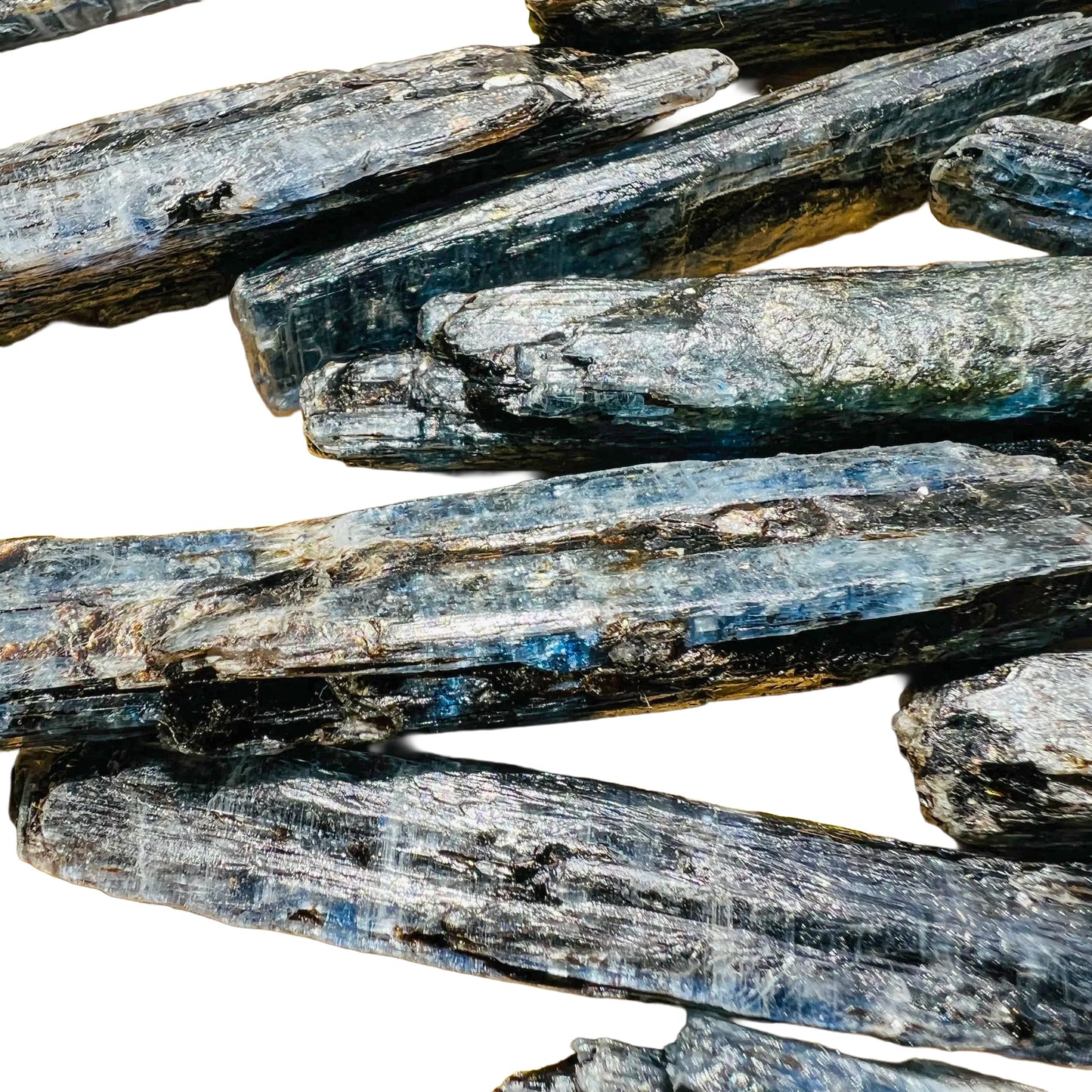 Full profile of Grade AA Blue Kyanite raw ready to ship from Beyond Bohemian